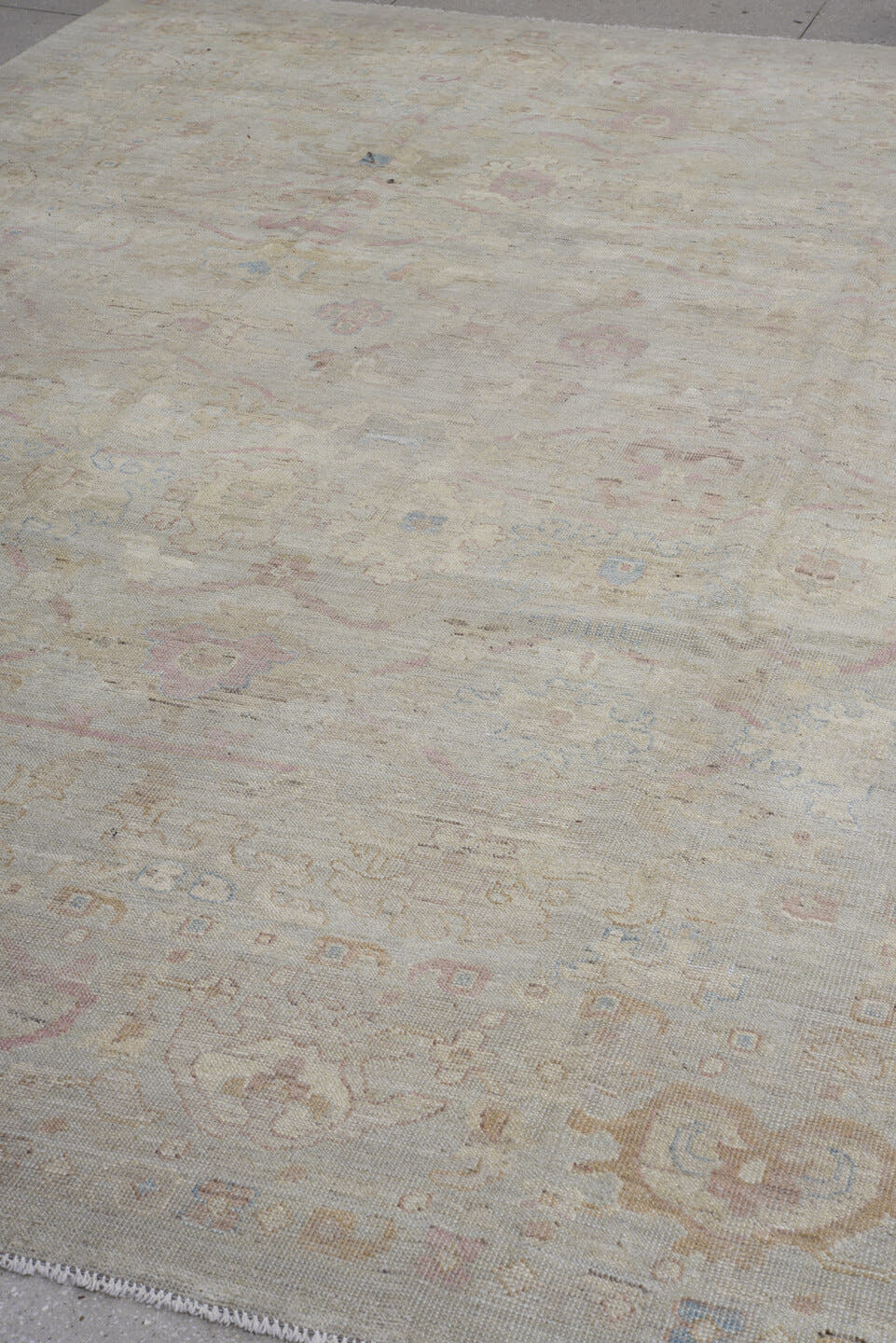 8' x 11' one-of-a-kind handmade vintage Oushak large size rug. Color palette: ivory, taupe, blush, pale blue, cream, beige