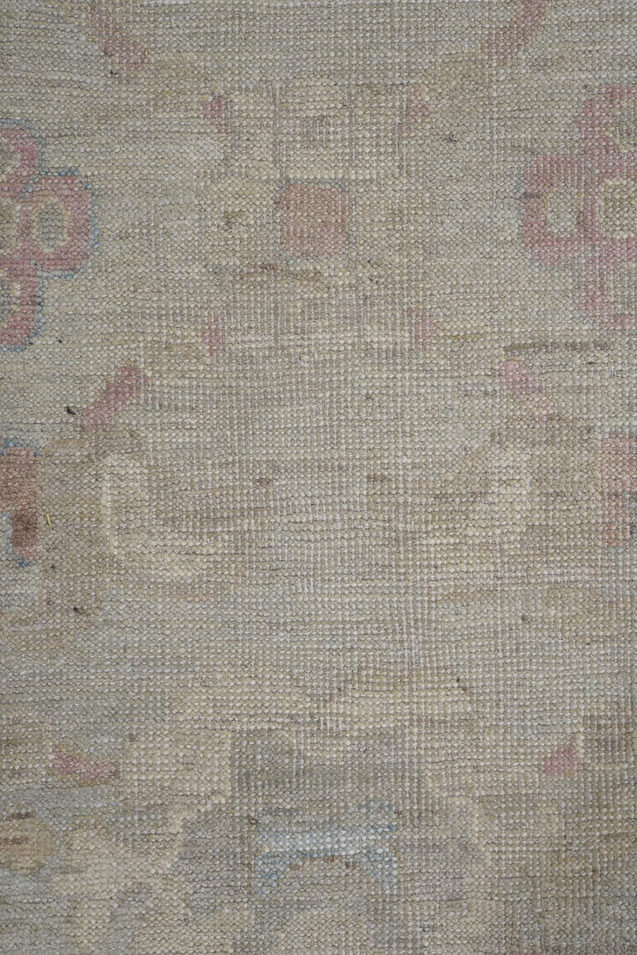 8' x 11' one-of-a-kind handmade vintage Oushak large size rug. Color palette: ivory, taupe, blush, pale blue, cream, beige