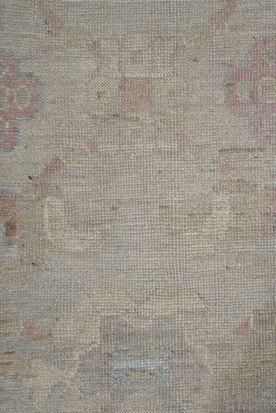 8' x 11' one-of-a-kind handmade vintage Oushak large size rug. Color palette: ivory, taupe, blush, pale blue, cream, beige