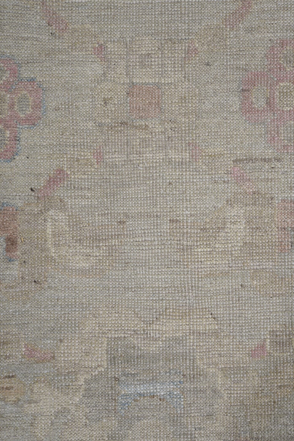 8' x 11' one-of-a-kind handmade vintage Oushak large size rug. Color palette: ivory, taupe, blush, pale blue, cream, beige