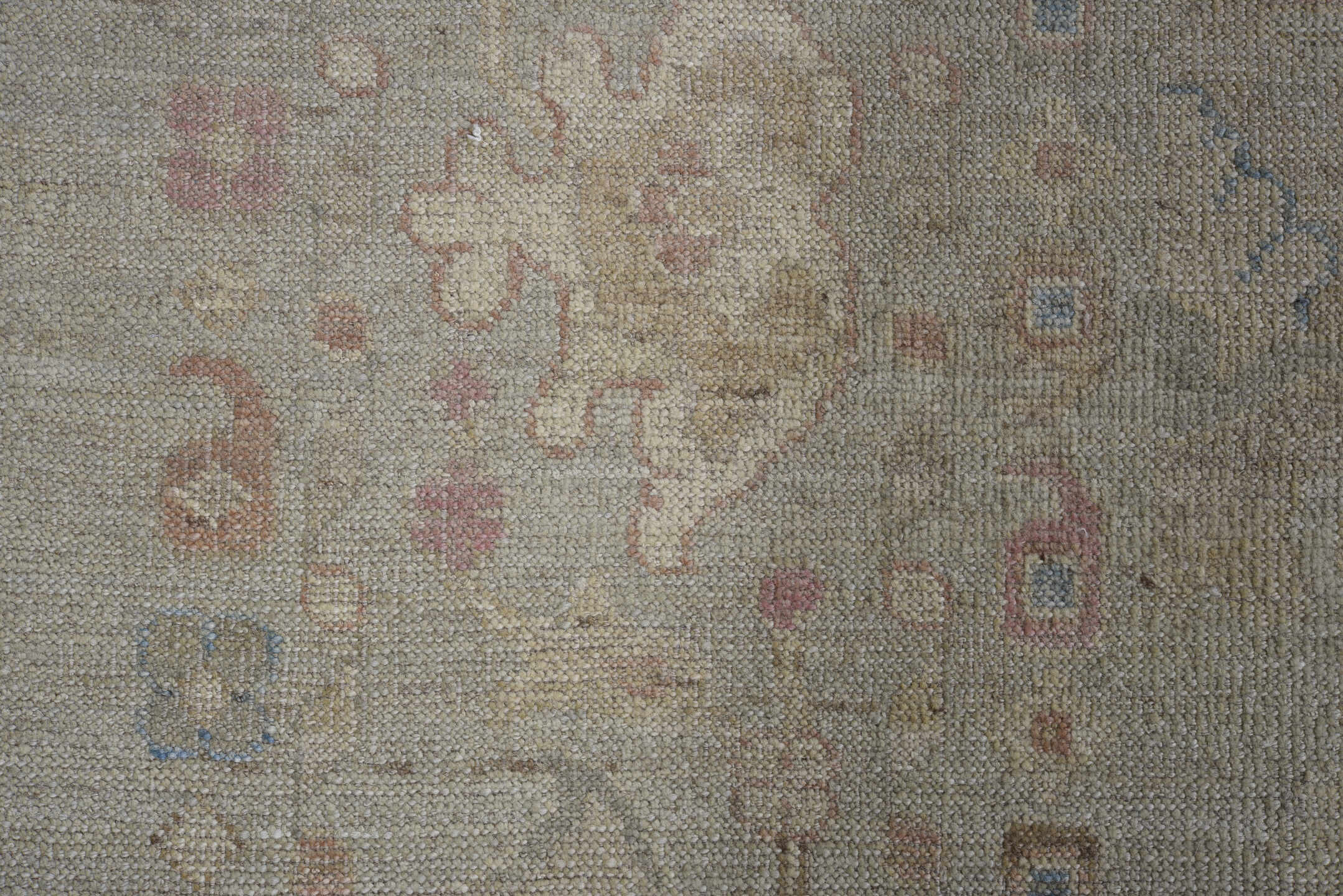 8' x 11' one-of-a-kind handmade vintage Oushak large size rug. Color palette: ivory, taupe, blush, pale blue, cream, beige