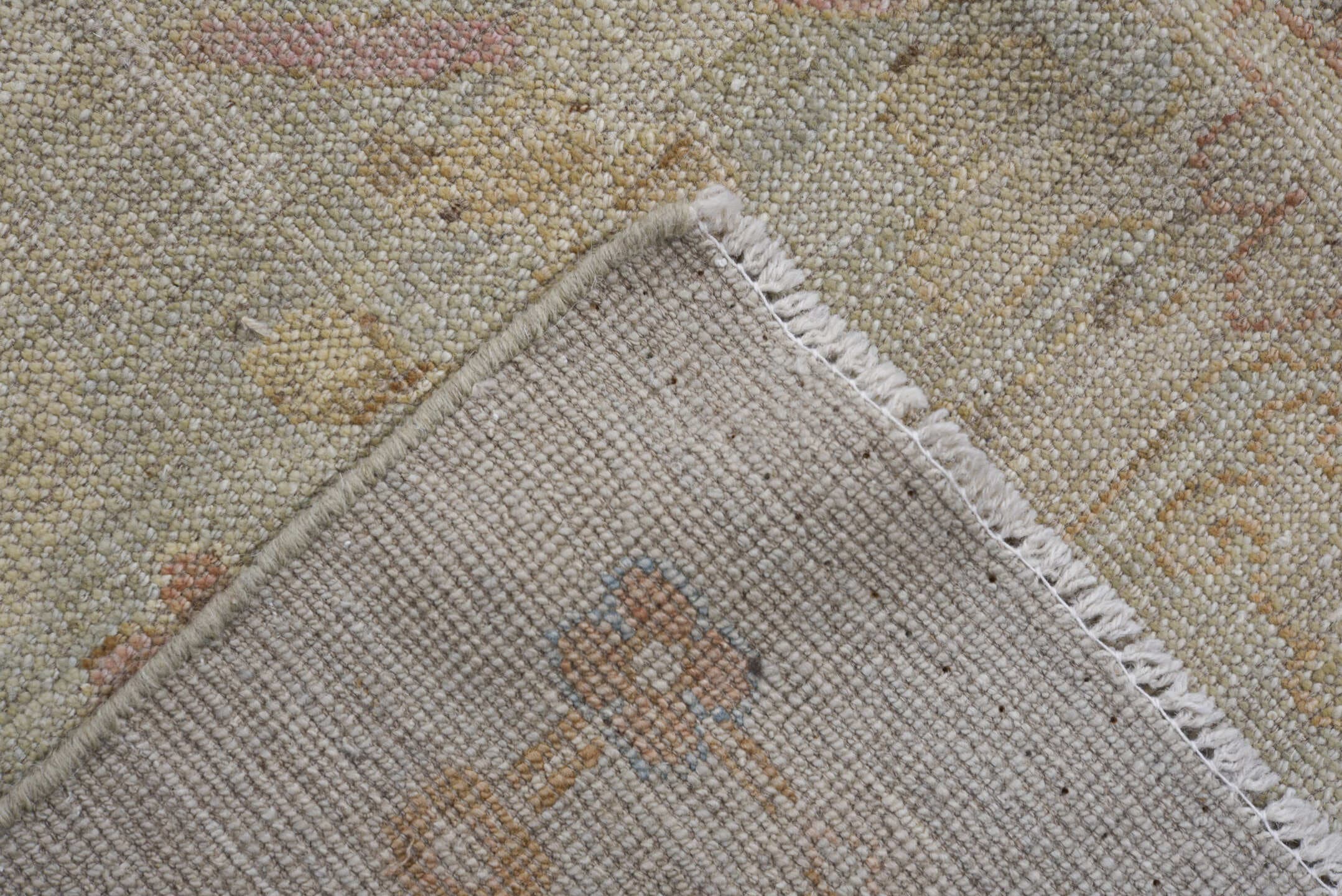 8' x 11' one-of-a-kind handmade vintage Oushak large size rug. Color palette: ivory, taupe, blush, pale blue, cream, beige