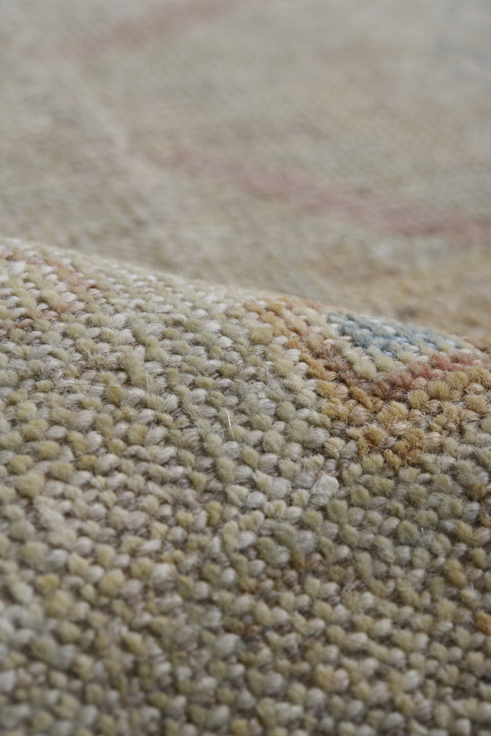 8' x 11' one-of-a-kind handmade vintage Oushak large size rug. Color palette: ivory, taupe, blush, pale blue, cream, beige