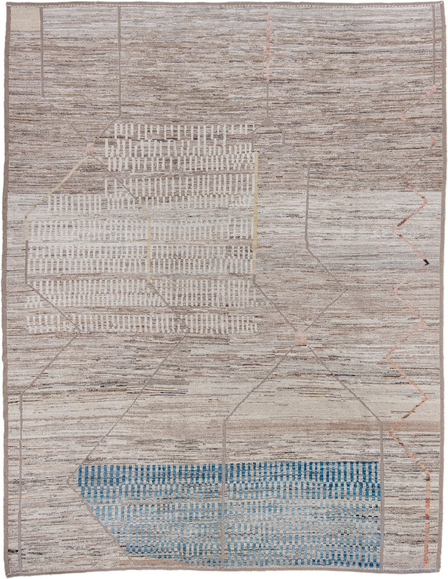 9' x 12' one-of-a-kind handmade vintage Tulu large size rug. Color palette: taupe, ivory, gray, blue, cream, blush, charcoal