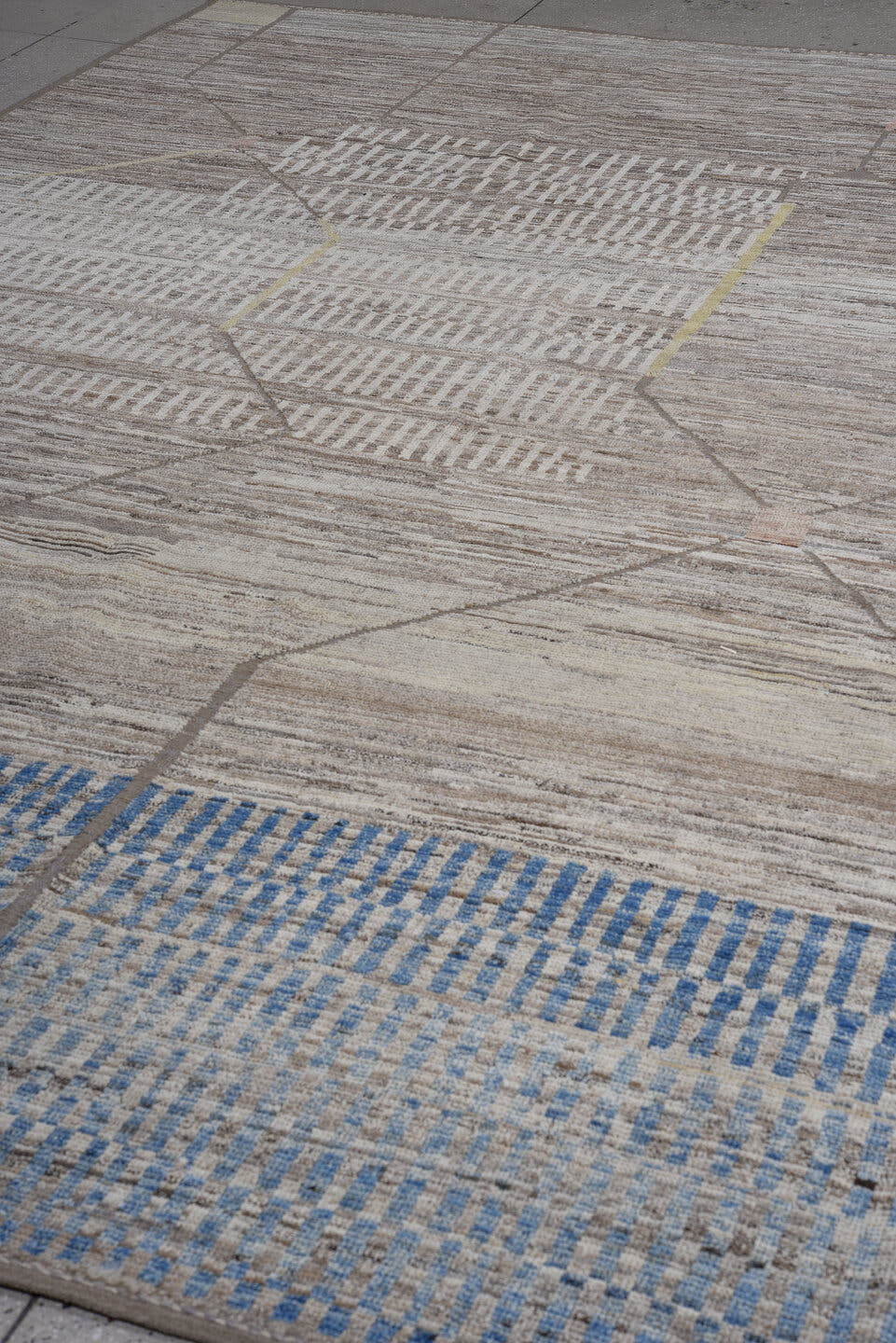 9' x 12' one-of-a-kind handmade vintage Tulu large size rug. Color palette: taupe, ivory, gray, blue, cream, blush, charcoal