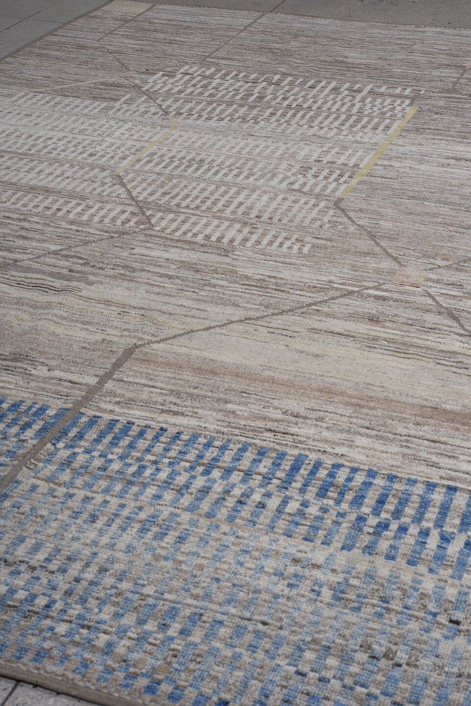 9' x 12' one-of-a-kind handmade vintage Tulu large size rug. Color palette: taupe, ivory, gray, blue, cream, blush, charcoal