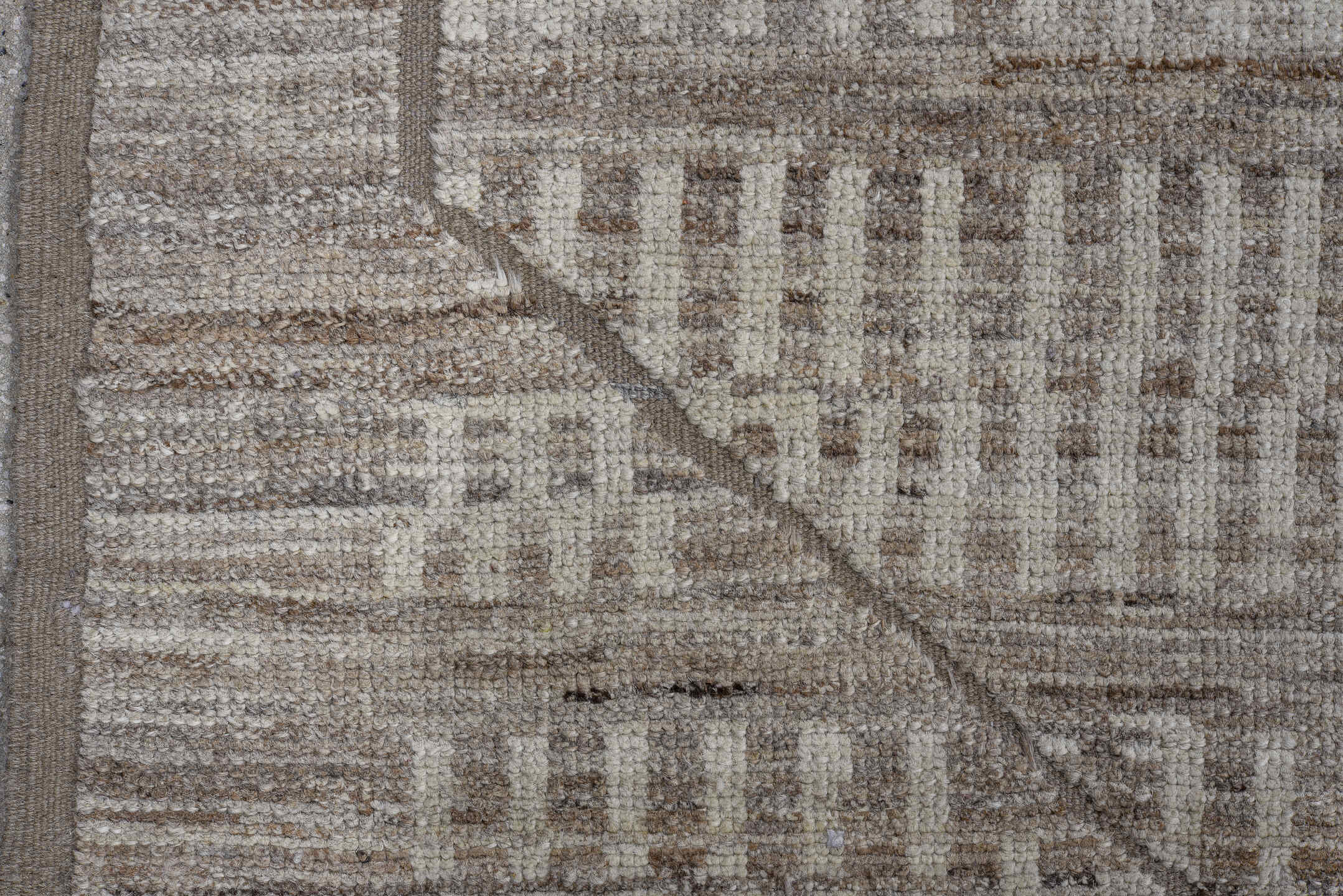 9' x 12' one-of-a-kind handmade vintage Tulu large size rug. Color palette: taupe, ivory, gray, blue, cream, blush, charcoal