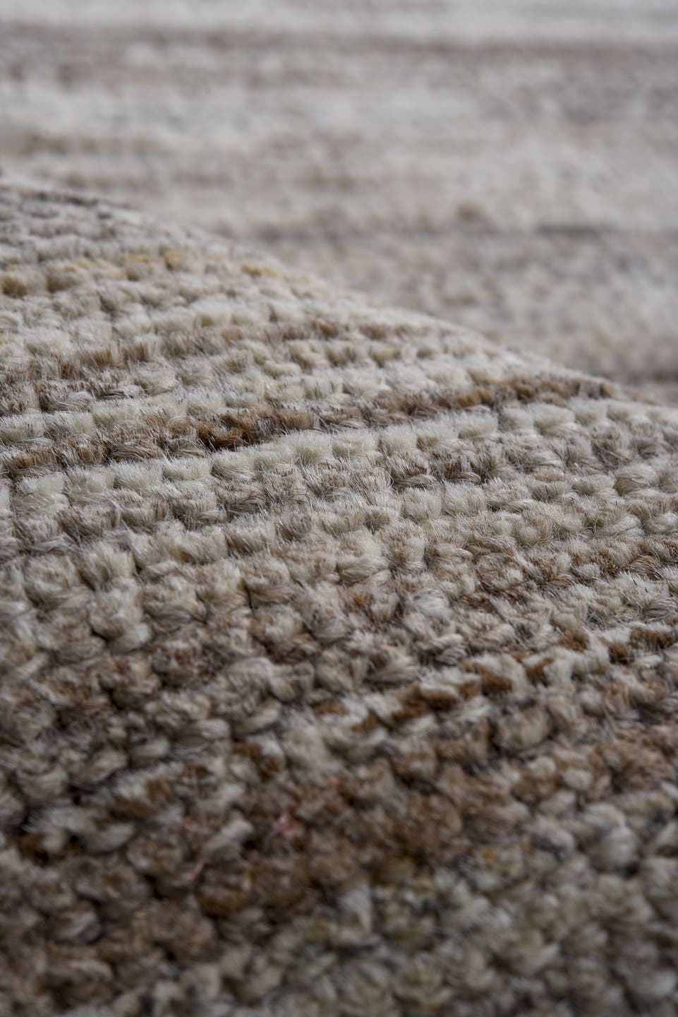 9' x 12' one-of-a-kind handmade vintage Tulu large size rug. Color palette: taupe, ivory, gray, blue, cream, blush, charcoal
