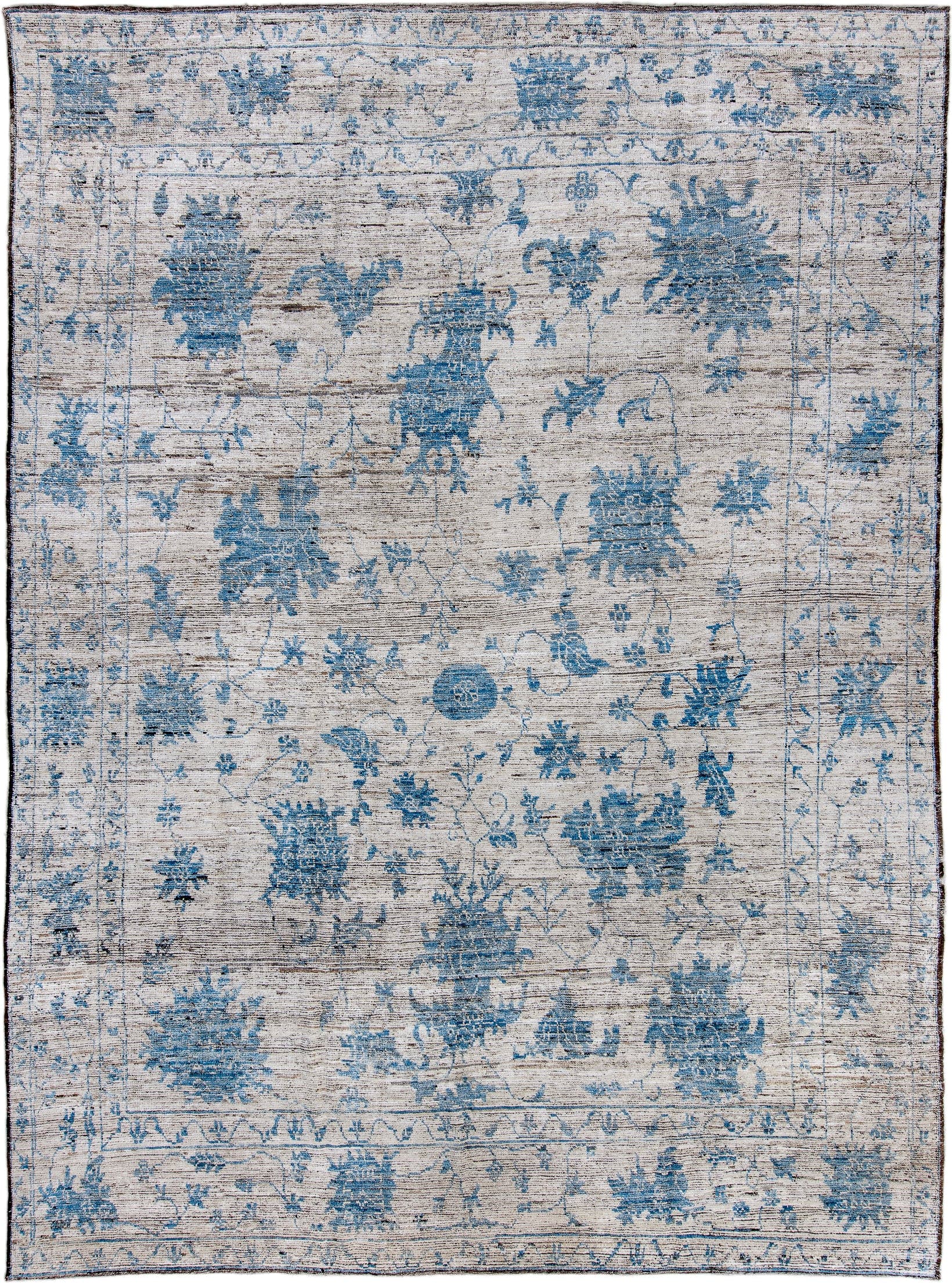 10' x 13' one-of-a-kind handmade vintage Oushak large size rug. Color palette: ivory, sky blue, slate, taupe, light blue
