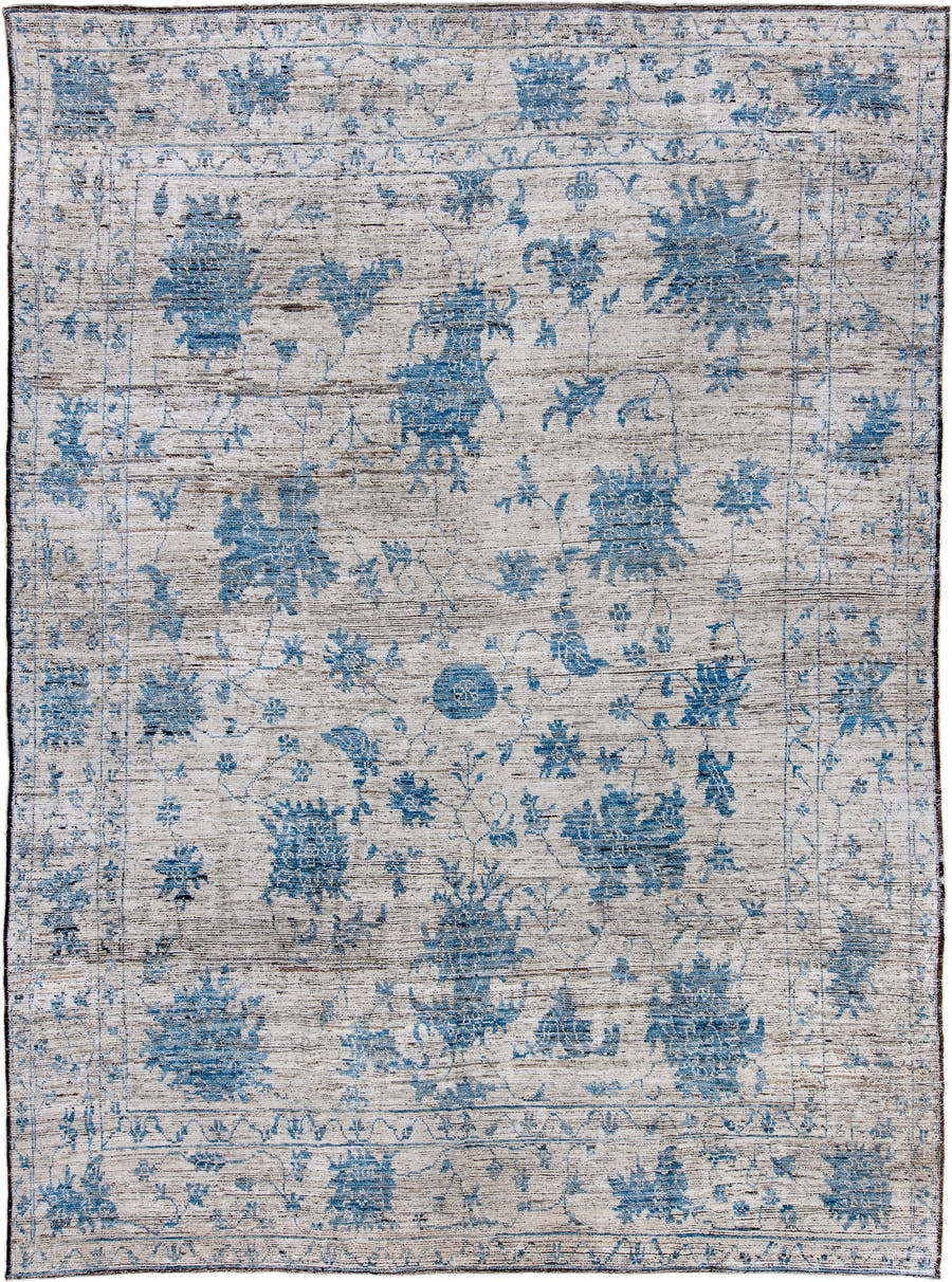 10' x 13' one-of-a-kind handmade vintage Oushak large size rug. Color palette: ivory, sky blue, slate, taupe, light blue