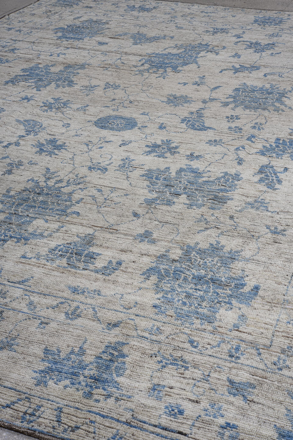 10' x 13' one-of-a-kind handmade vintage Oushak large size rug. Color palette: ivory, sky blue, slate, taupe, light blue