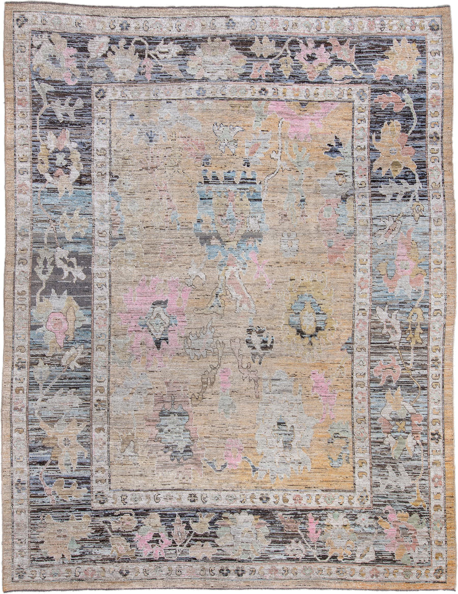 10' x 13' one-of-a-kind handmade vintage Oushak oversize rug. Color palette: beige, taupe, charcoal, ivory, blush, pale blue