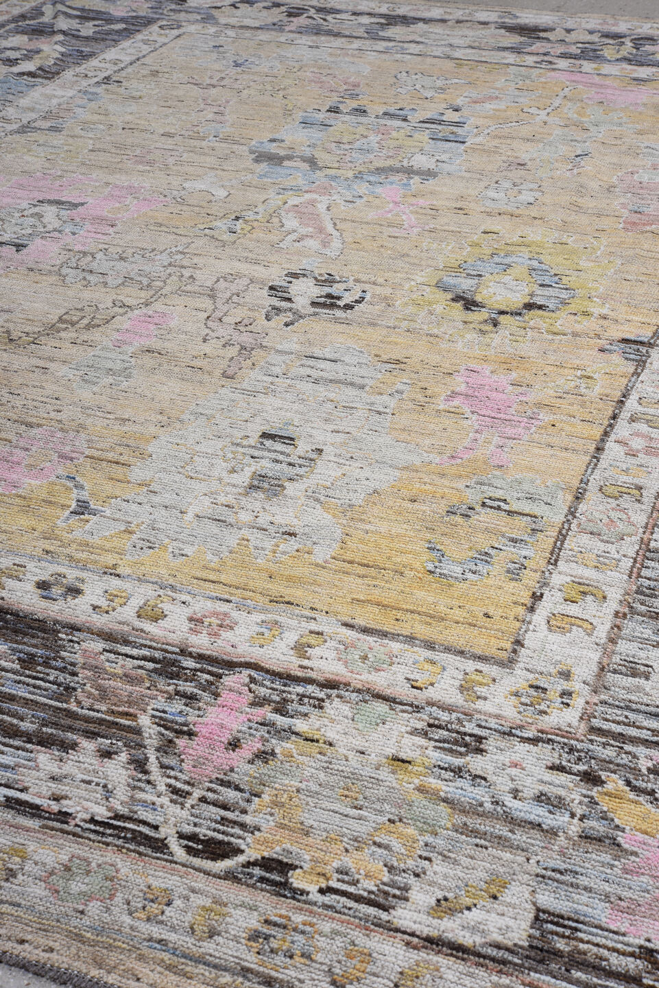 10' x 13' one-of-a-kind handmade vintage Oushak oversize rug. Color palette: beige, taupe, charcoal, ivory, blush, pale blue