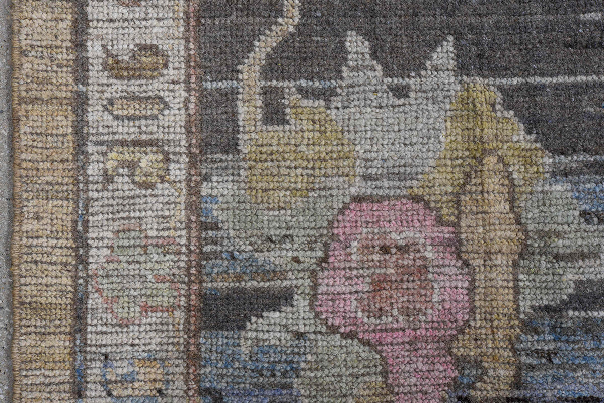 10' x 13' one-of-a-kind handmade vintage Oushak oversize rug. Color palette: beige, taupe, charcoal, ivory, blush, pale blue