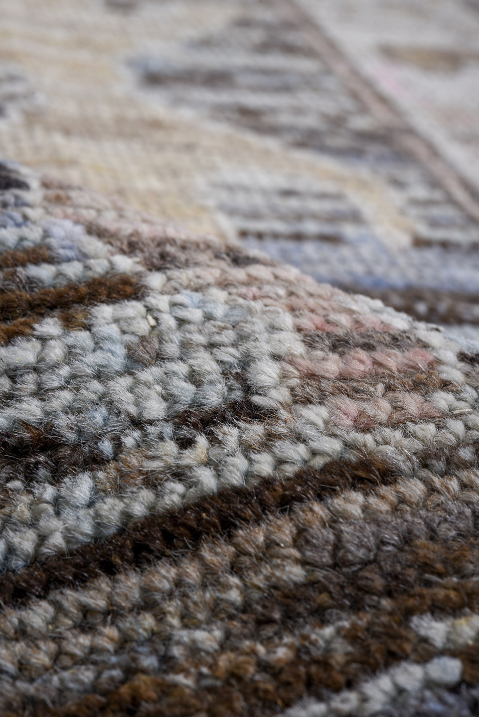 10' x 13' one-of-a-kind handmade vintage Oushak oversize rug. Color palette: beige, taupe, charcoal, ivory, blush, pale blue