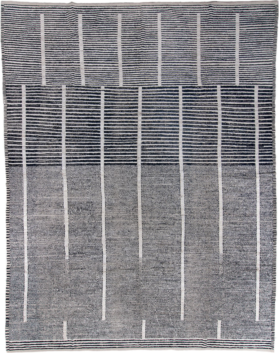 13' x 16' one-of-a-kind handmade vintage Tulu oversize rug. Color palette: ivory, charcoal, gray, black