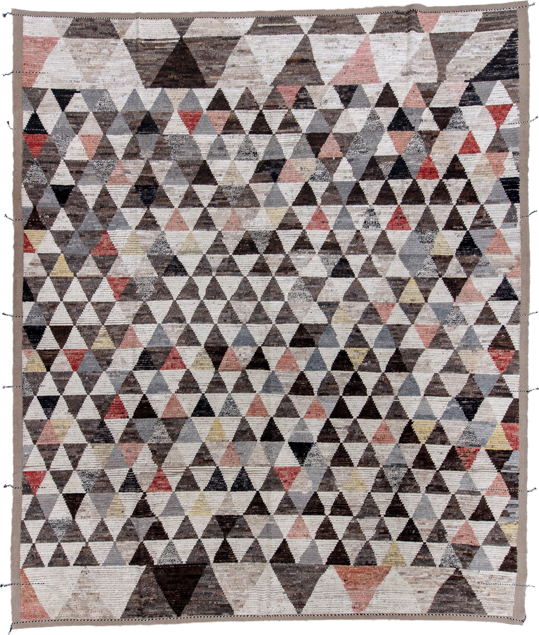 13' x 16' one-of-a-kind handmade vintage Tulu oversize rug. Color palette: ivory, gray, charcoal, taupe, blush, rust, black