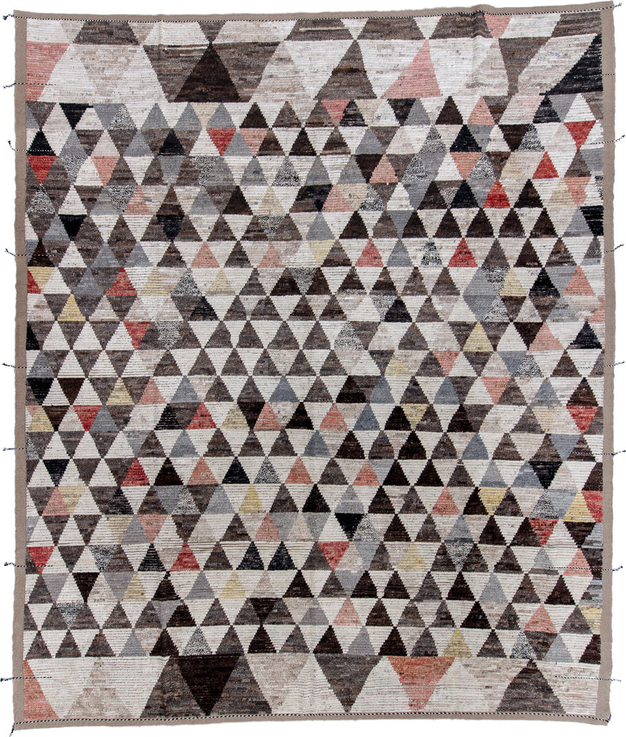 13' x 16' one-of-a-kind handmade vintage Tulu oversize rug. Color palette: ivory, gray, charcoal, taupe, blush, rust, black