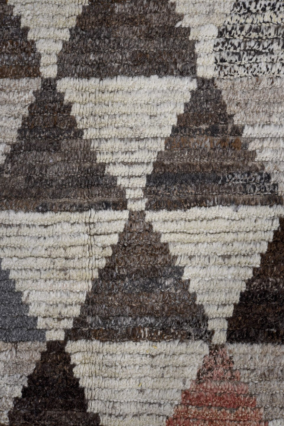 13' x 16' one-of-a-kind handmade vintage Tulu oversize rug. Color palette: ivory, gray, charcoal, taupe, blush, rust, black
