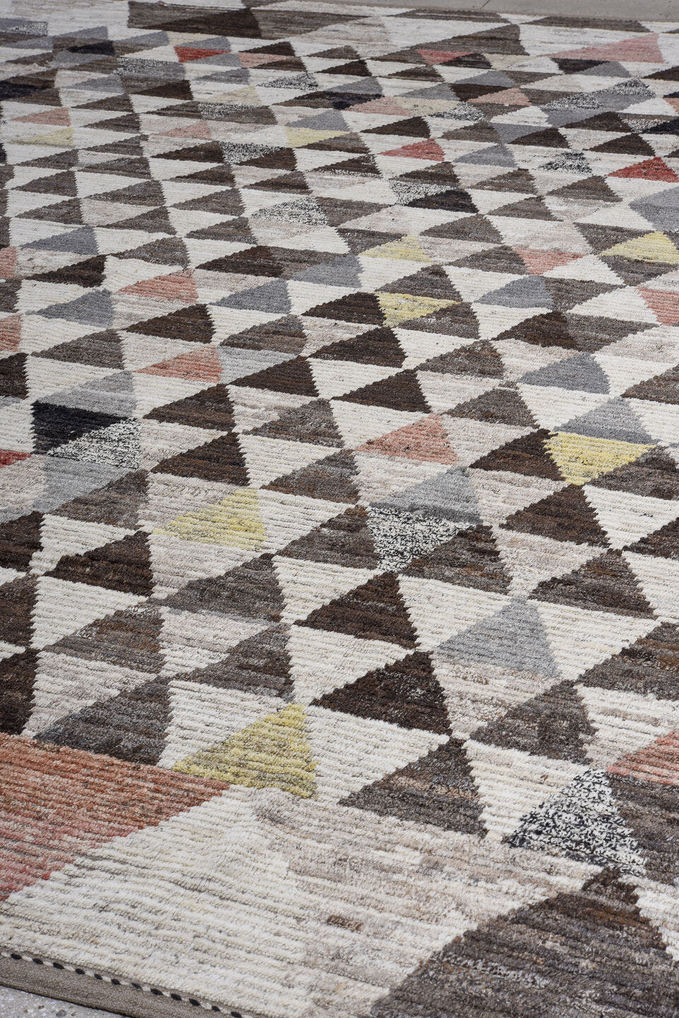 13' x 16' one-of-a-kind handmade vintage Tulu oversize rug. Color palette: ivory, gray, charcoal, taupe, blush, rust, black