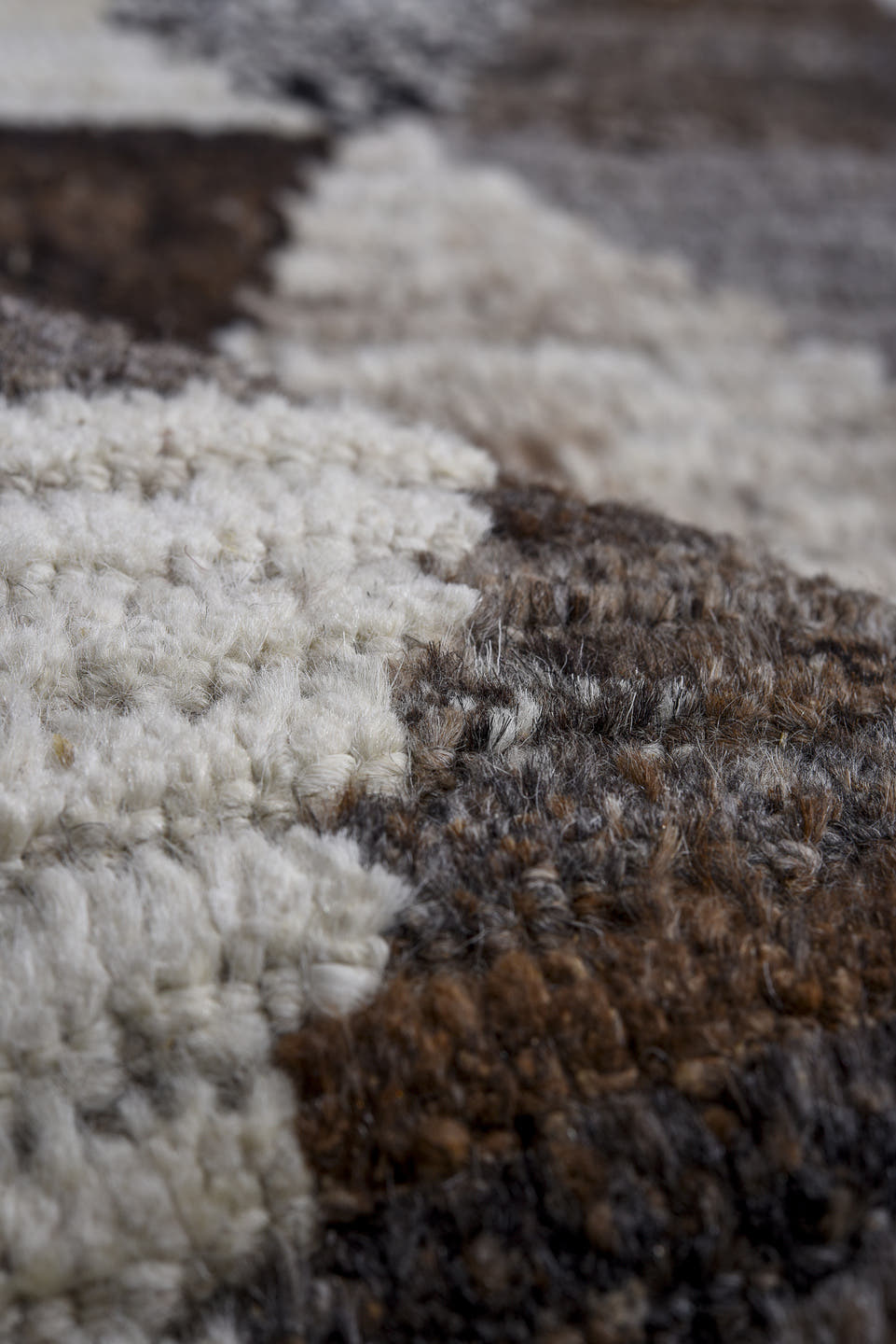 13' x 16' one-of-a-kind handmade vintage Tulu oversize rug. Color palette: ivory, gray, charcoal, taupe, blush, rust, black
