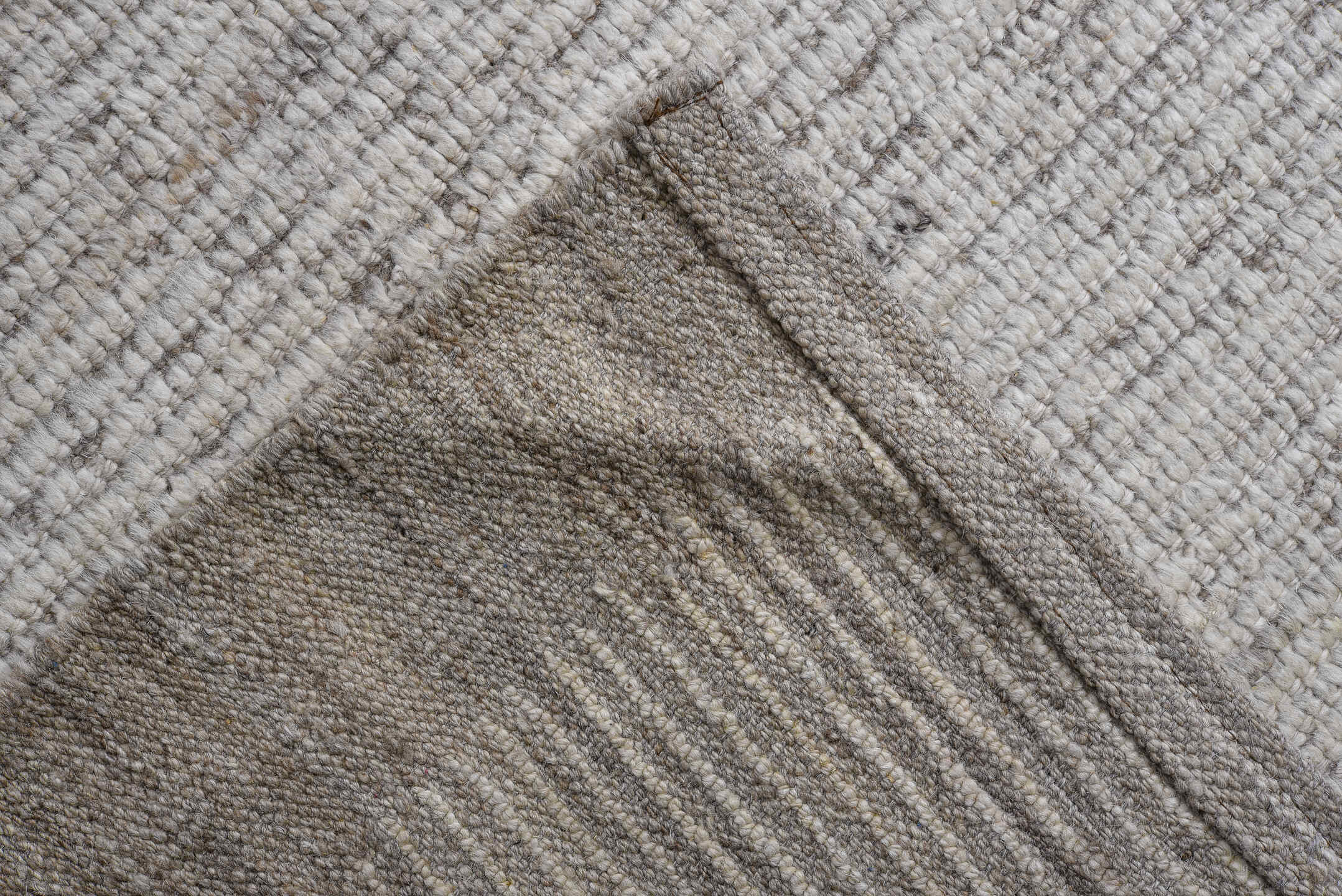 13' x 16' one-of-a-kind handmade vintage Tulu oversize rug. Color palette: ivory, taupe, beige, stone, gray