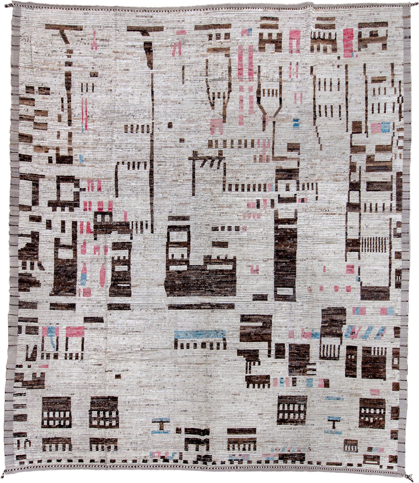 14' x 16' one-of-a-kind handmade vintage Tulu oversize rug. Color palette: ivory, charcoal, taupe, blush, pale_blue, gray
