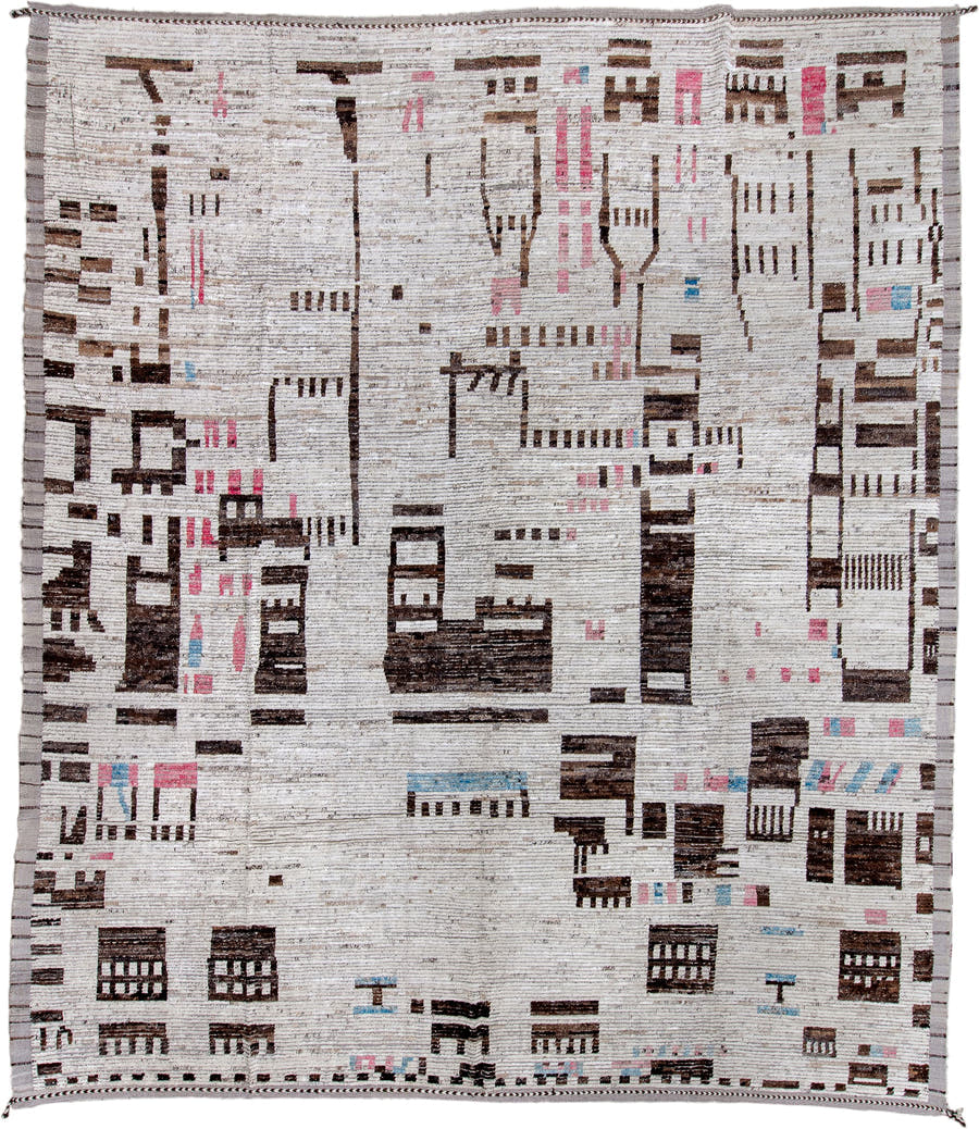 14' x 16' one-of-a-kind handmade vintage Tulu oversize rug. Color palette: ivory, charcoal, taupe, blush, pale_blue, gray