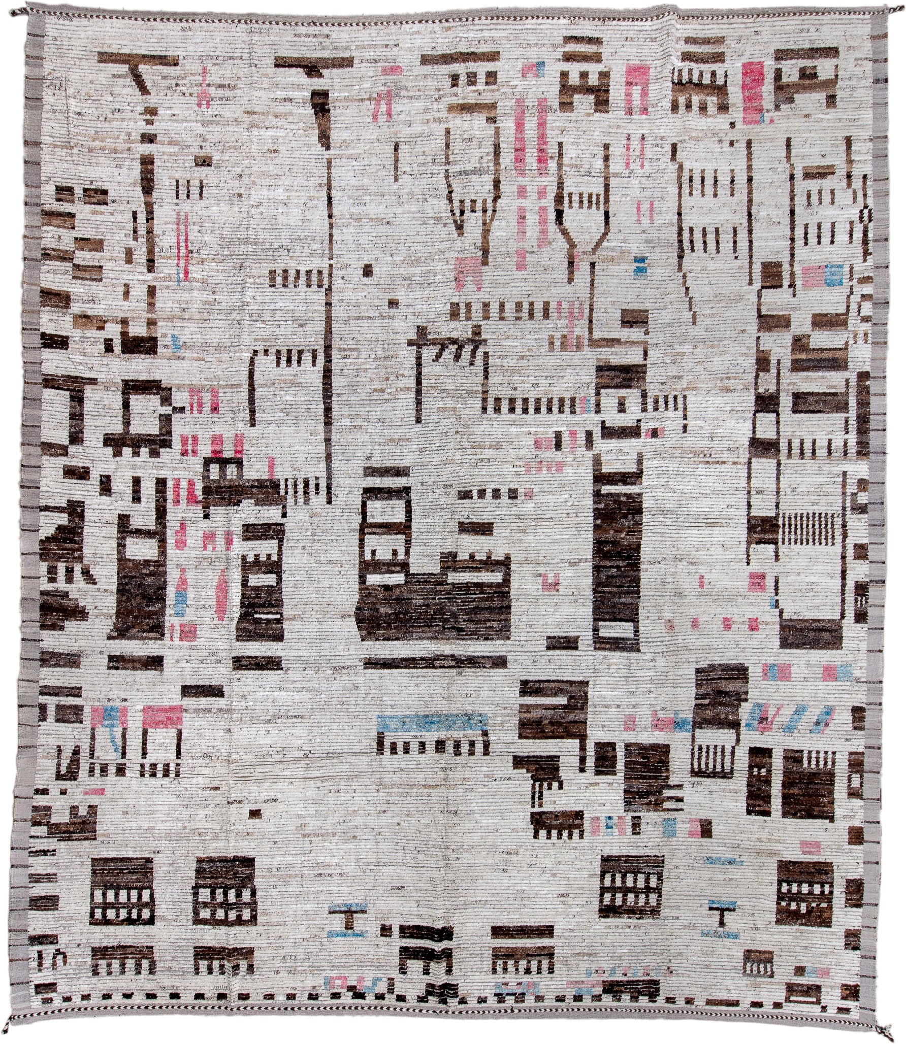 14' x 16' one-of-a-kind handmade vintage Tulu oversize rug. Color palette: ivory, charcoal, taupe, blush, pale_blue, gray