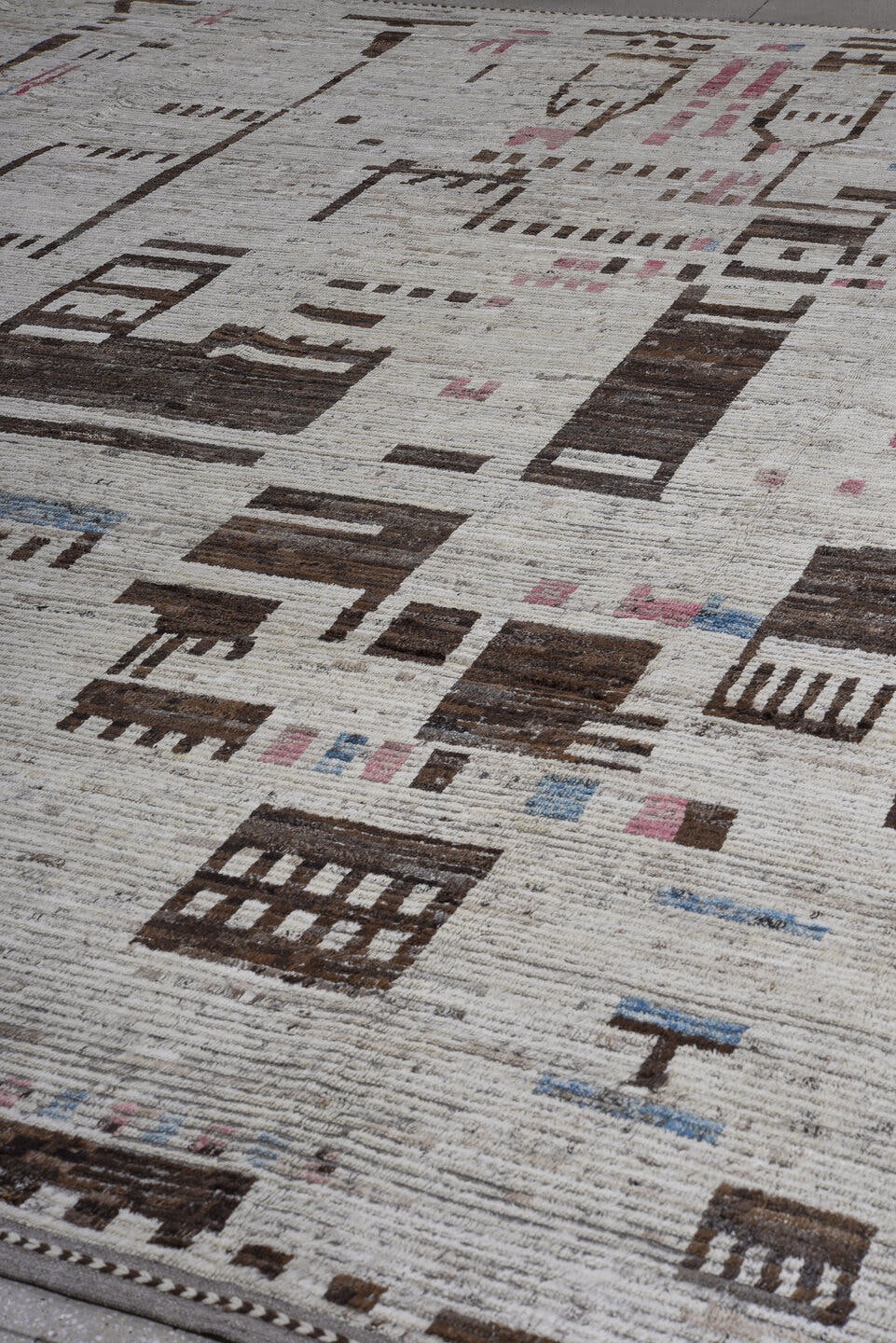 14' x 16' one-of-a-kind handmade vintage Tulu oversize rug. Color palette: ivory, charcoal, taupe, blush, pale_blue, gray