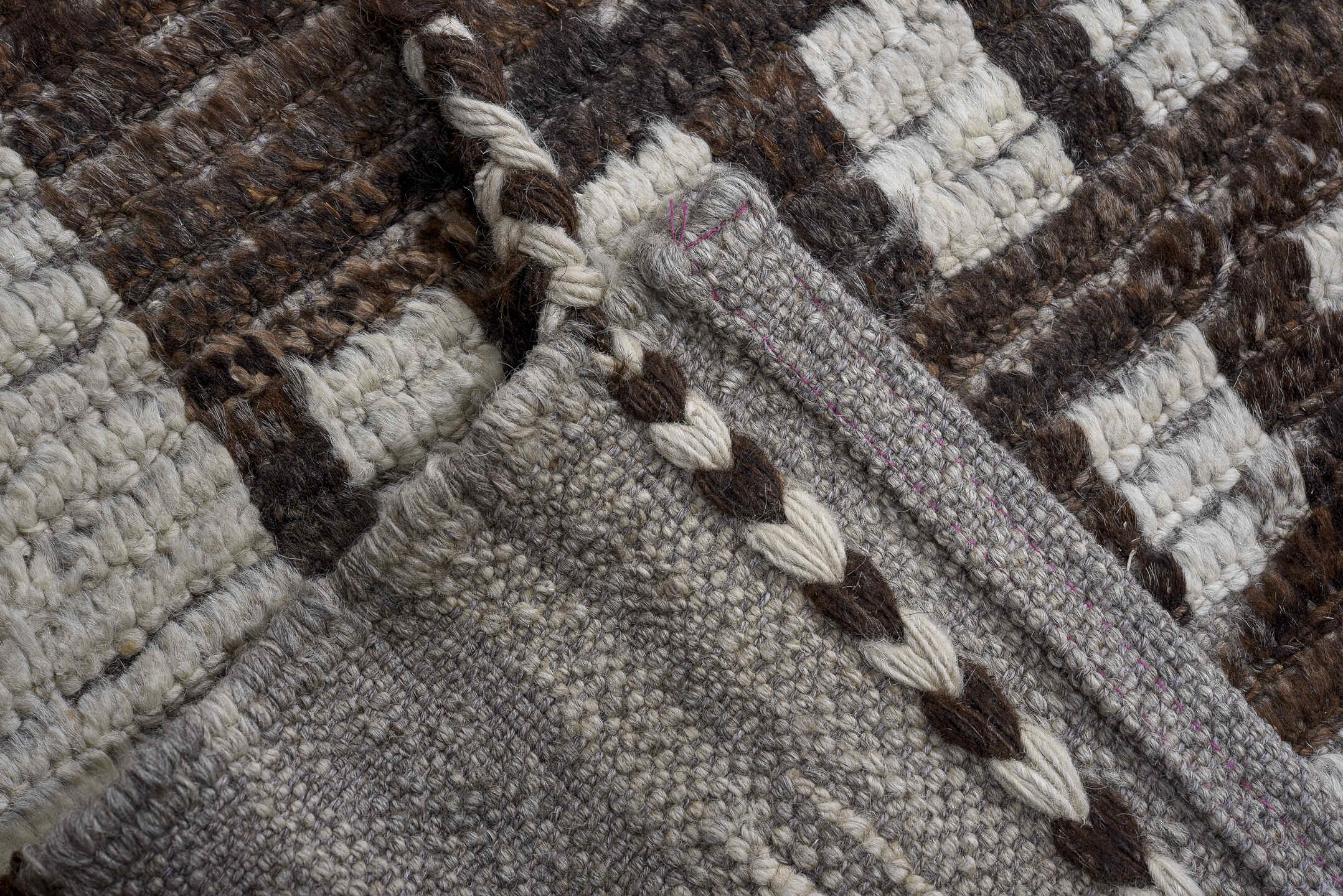 14' x 16' one-of-a-kind handmade vintage Tulu oversize rug. Color palette: ivory, charcoal, taupe, blush, pale_blue, gray