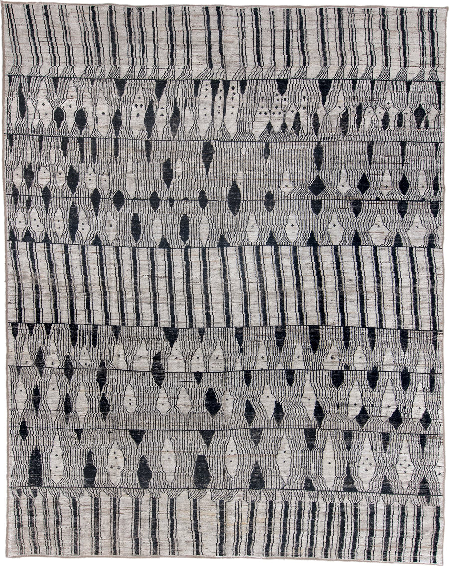 11' x 14' one-of-a-kind handmade vintage Tulu oversize rug. Color palette: ivory, charcoal, taupe, gray, black, beige