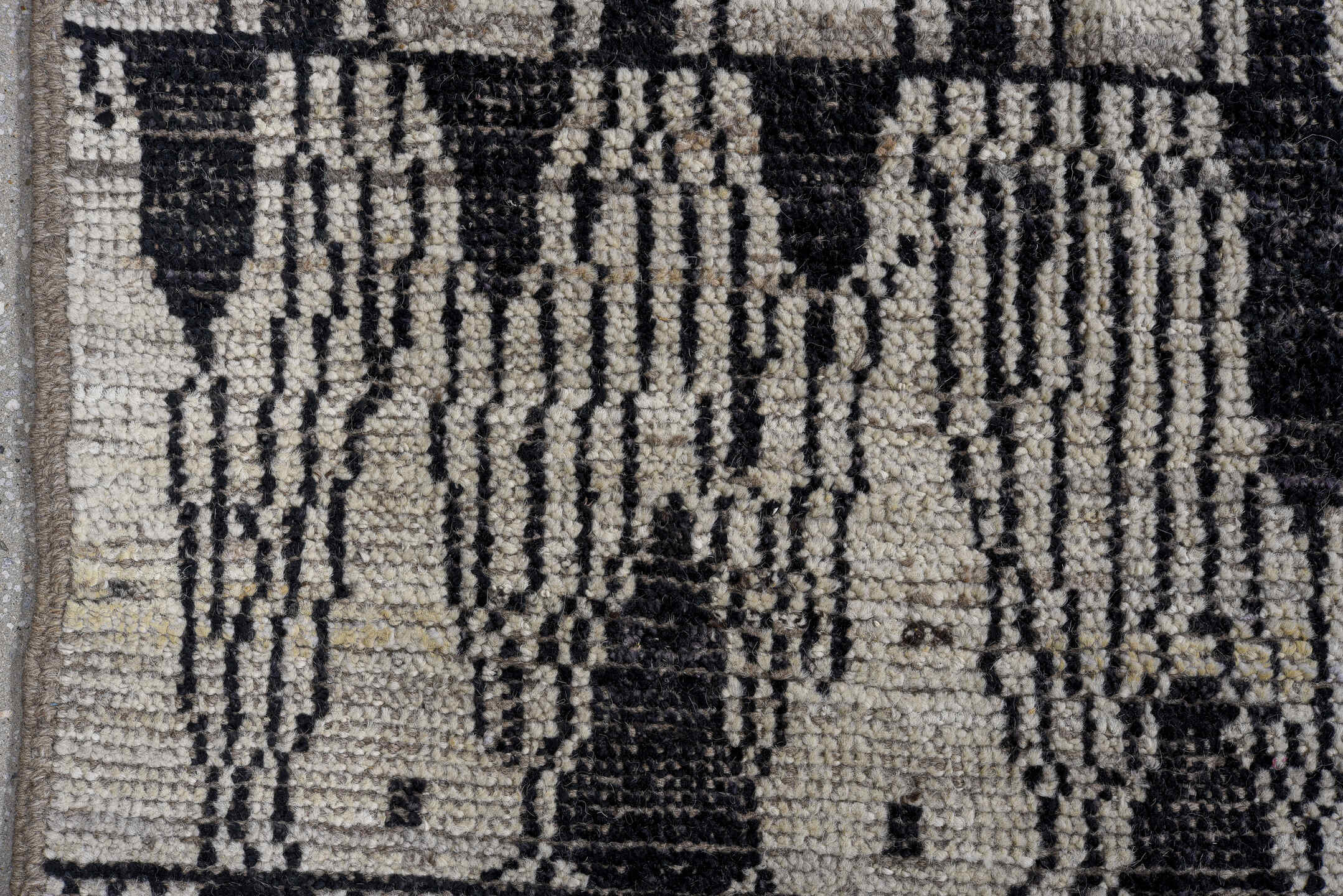 11' x 14' one-of-a-kind handmade vintage Tulu oversize rug. Color palette: ivory, charcoal, taupe, gray, black, beige