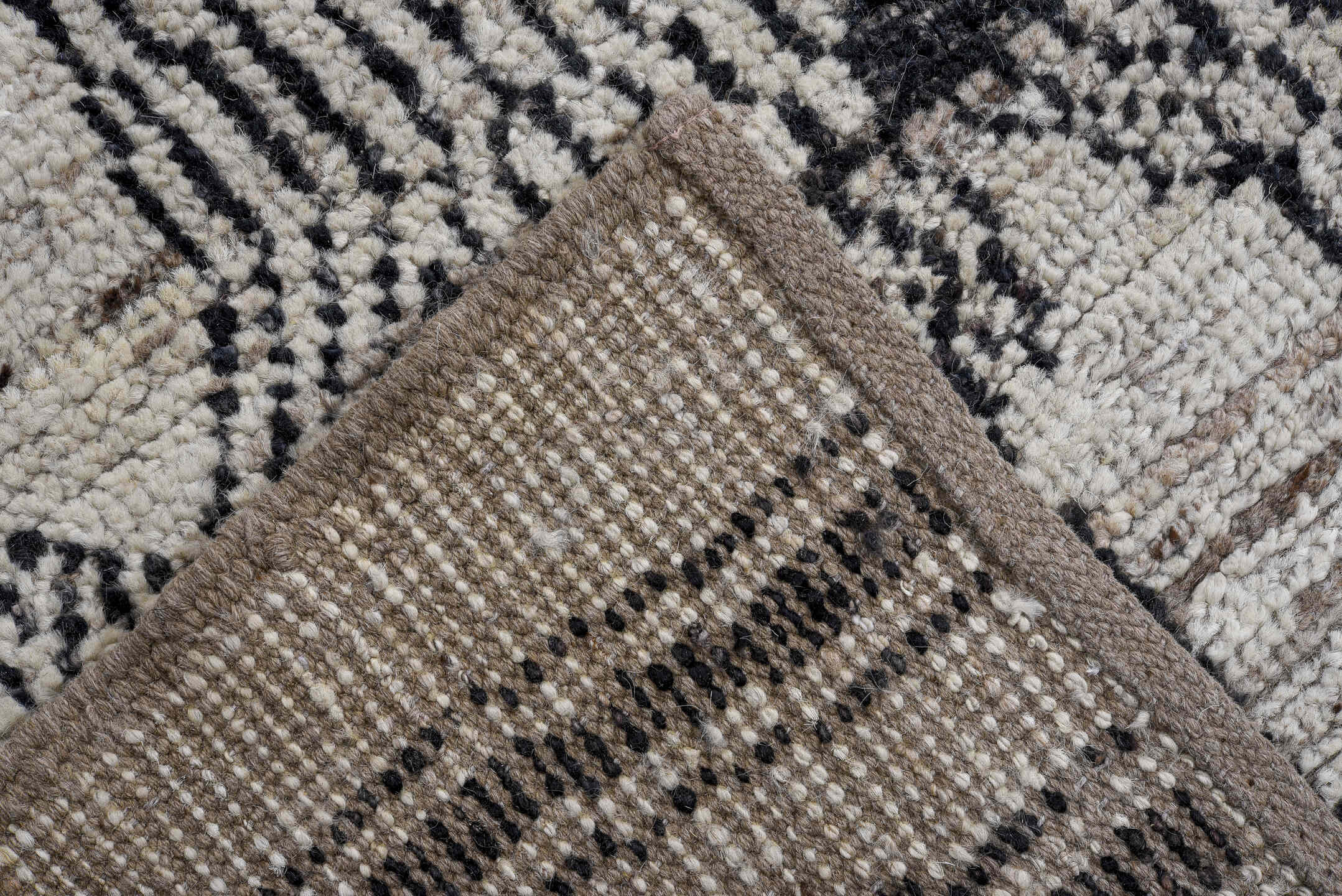 11' x 14' one-of-a-kind handmade vintage Tulu oversize rug. Color palette: ivory, charcoal, taupe, gray, black, beige