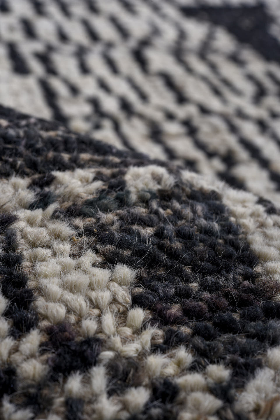 11' x 14' one-of-a-kind handmade vintage Tulu oversize rug. Color palette: ivory, charcoal, taupe, gray, black, beige
