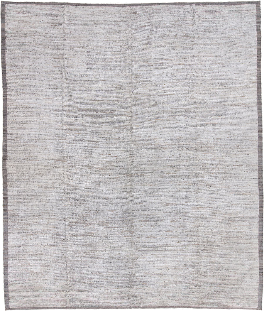 13' x 16' one-of-a-kind handmade vintage Tulu oversize rug. Color palette: ivory, taupe, gray, greige, beige