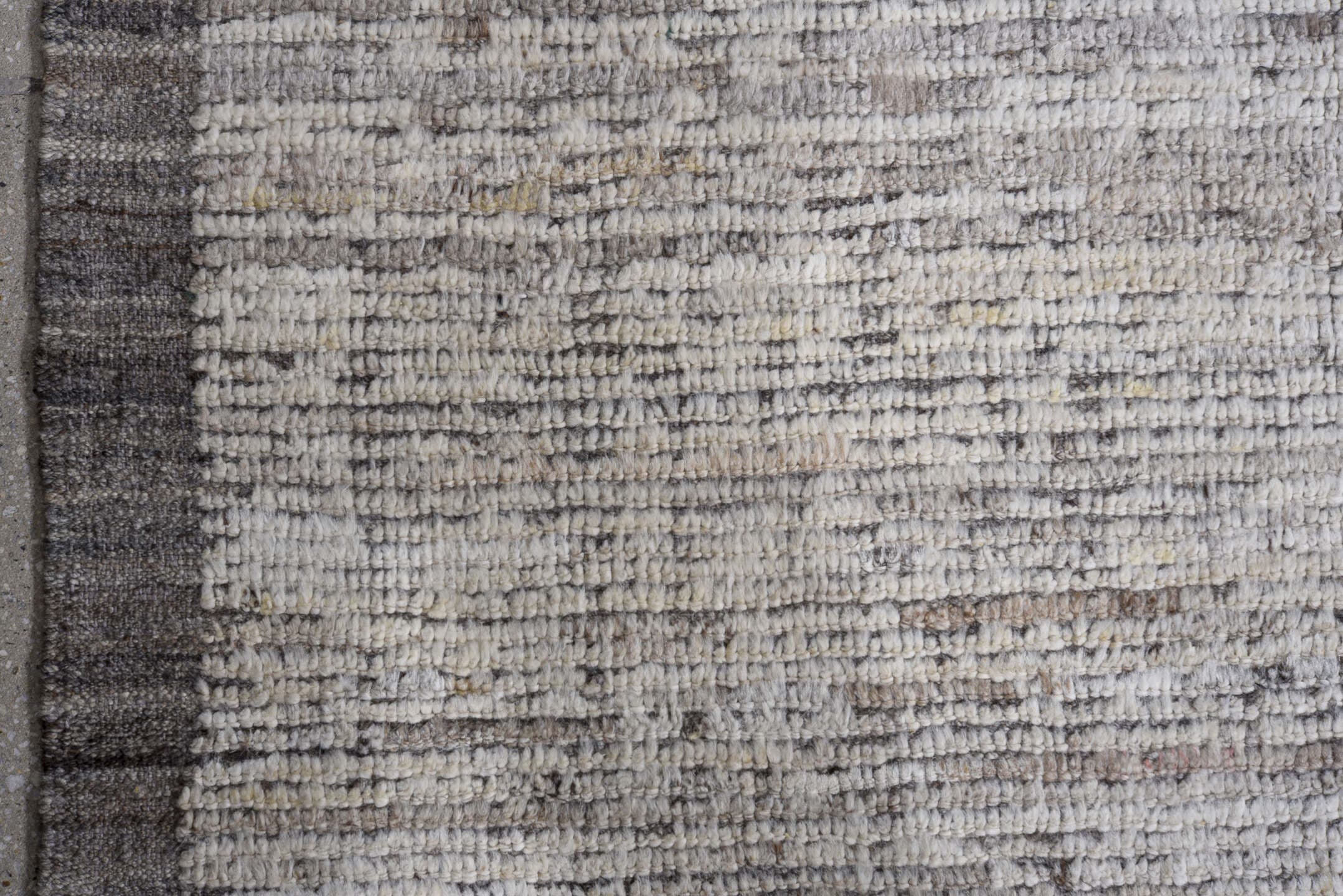 13' x 16' one-of-a-kind handmade vintage Tulu oversize rug. Color palette: ivory, taupe, gray, greige, beige