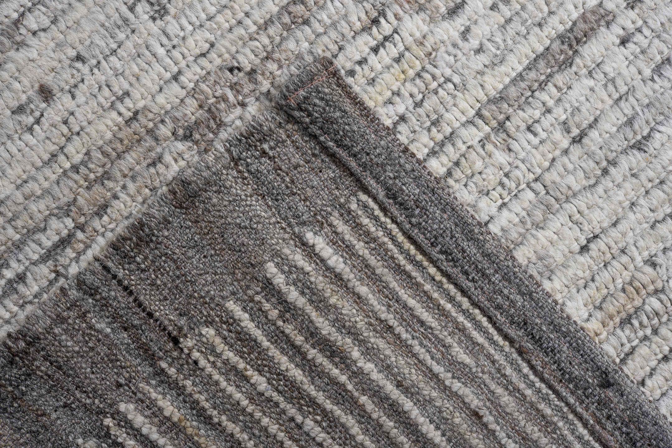 13' x 16' one-of-a-kind handmade vintage Tulu oversize rug. Color palette: ivory, taupe, gray, greige, beige