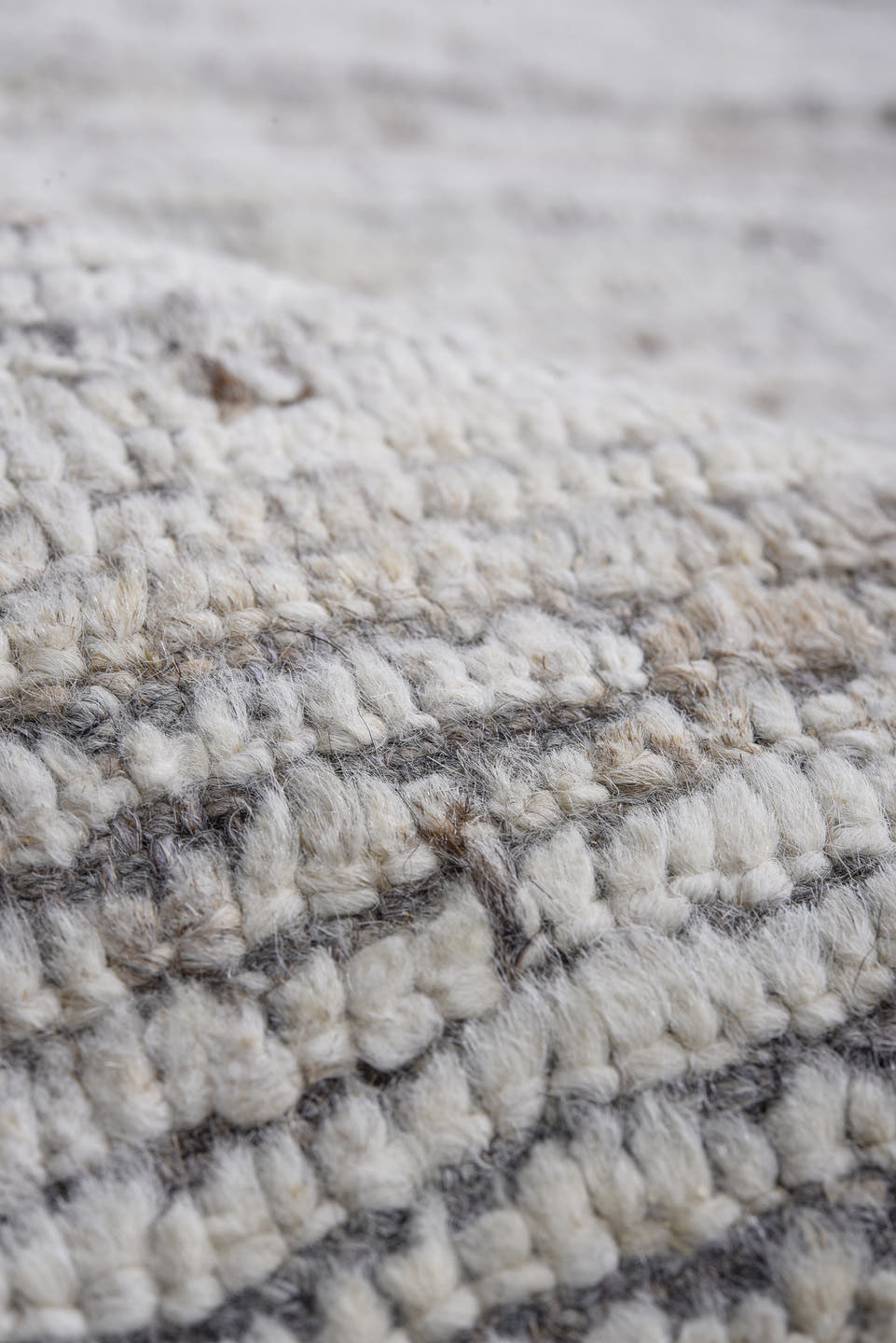 13' x 16' one-of-a-kind handmade vintage Tulu oversize rug. Color palette: ivory, taupe, gray, greige, beige