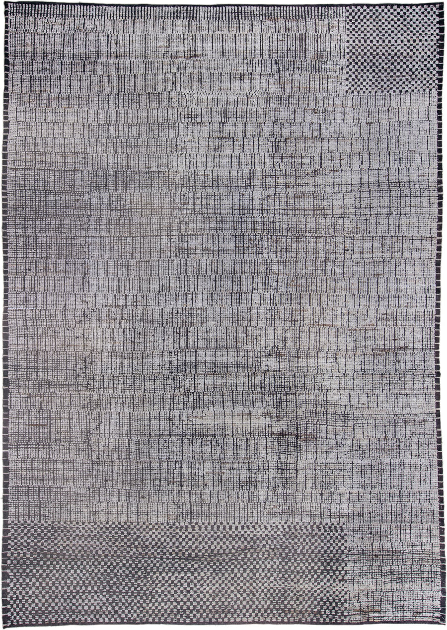 9' x 13' one-of-a-kind handmade vintage Tulu large size rug. Color palette: ivory, charcoal, black, gray