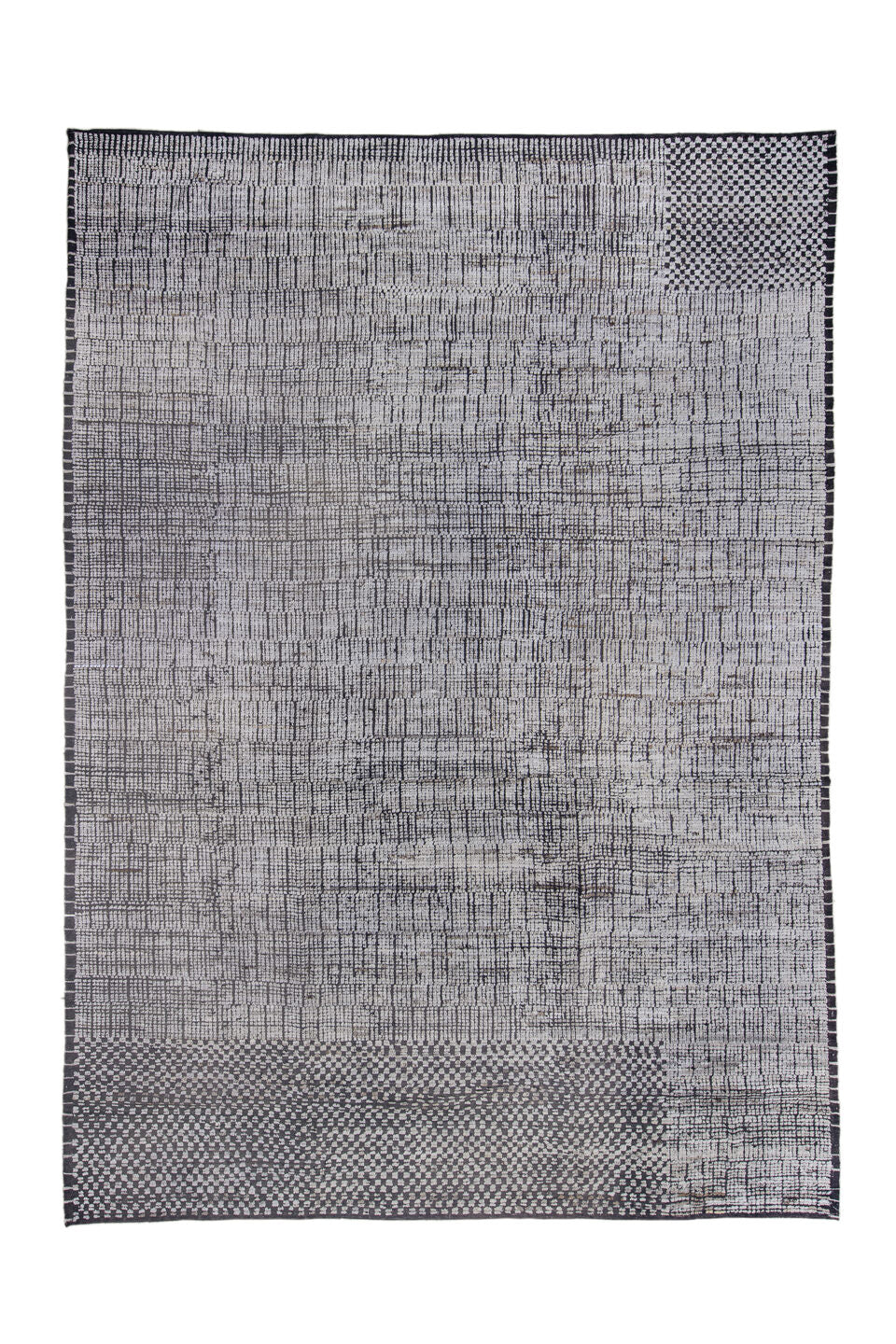 9' x 13' one-of-a-kind handmade vintage Tulu large size rug. Color palette: black, blue, charcoal, dark gray, dim gray, gray