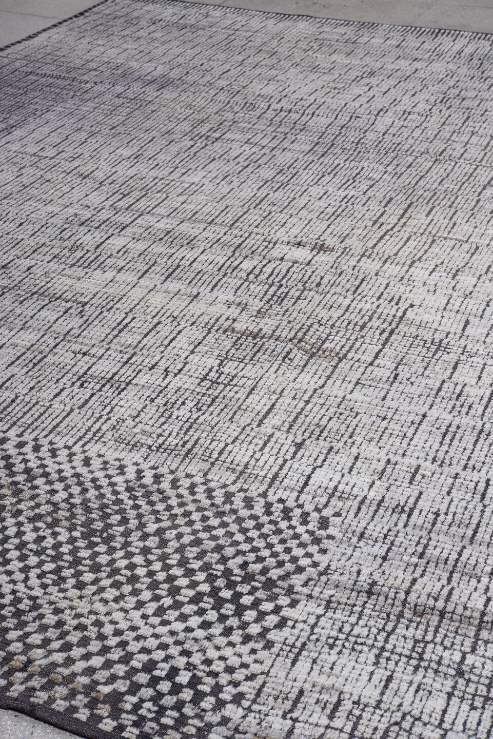 9' x 13' one-of-a-kind handmade vintage Tulu large size rug. Color palette: ivory, charcoal, black, gray