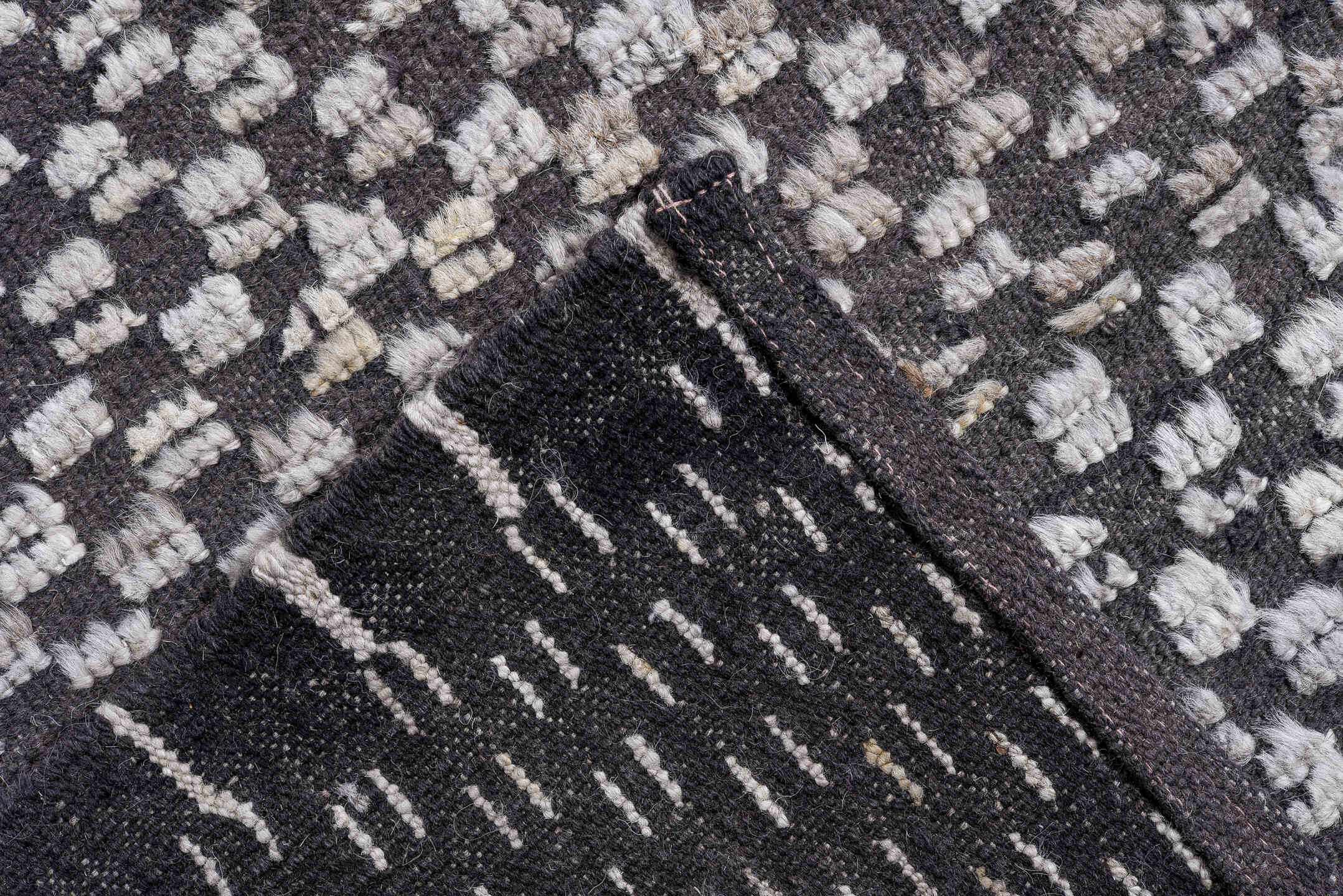 9' x 13' one-of-a-kind handmade vintage Tulu large size rug. Color palette: black, blue, charcoal, dark gray, dim gray, gray