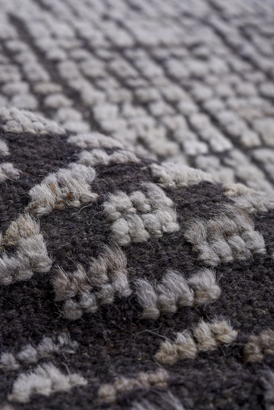 9' x 13' one-of-a-kind handmade vintage Tulu large size rug. Color palette: ivory, charcoal, black, gray