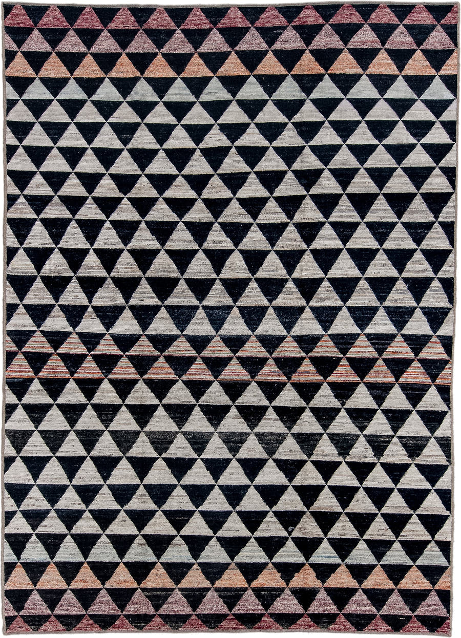 9' x 12' one-of-a-kind handmade vintage Tulu large size rug. Color palette: charcoal, ivory, rose, blush, rust, taupe, gray