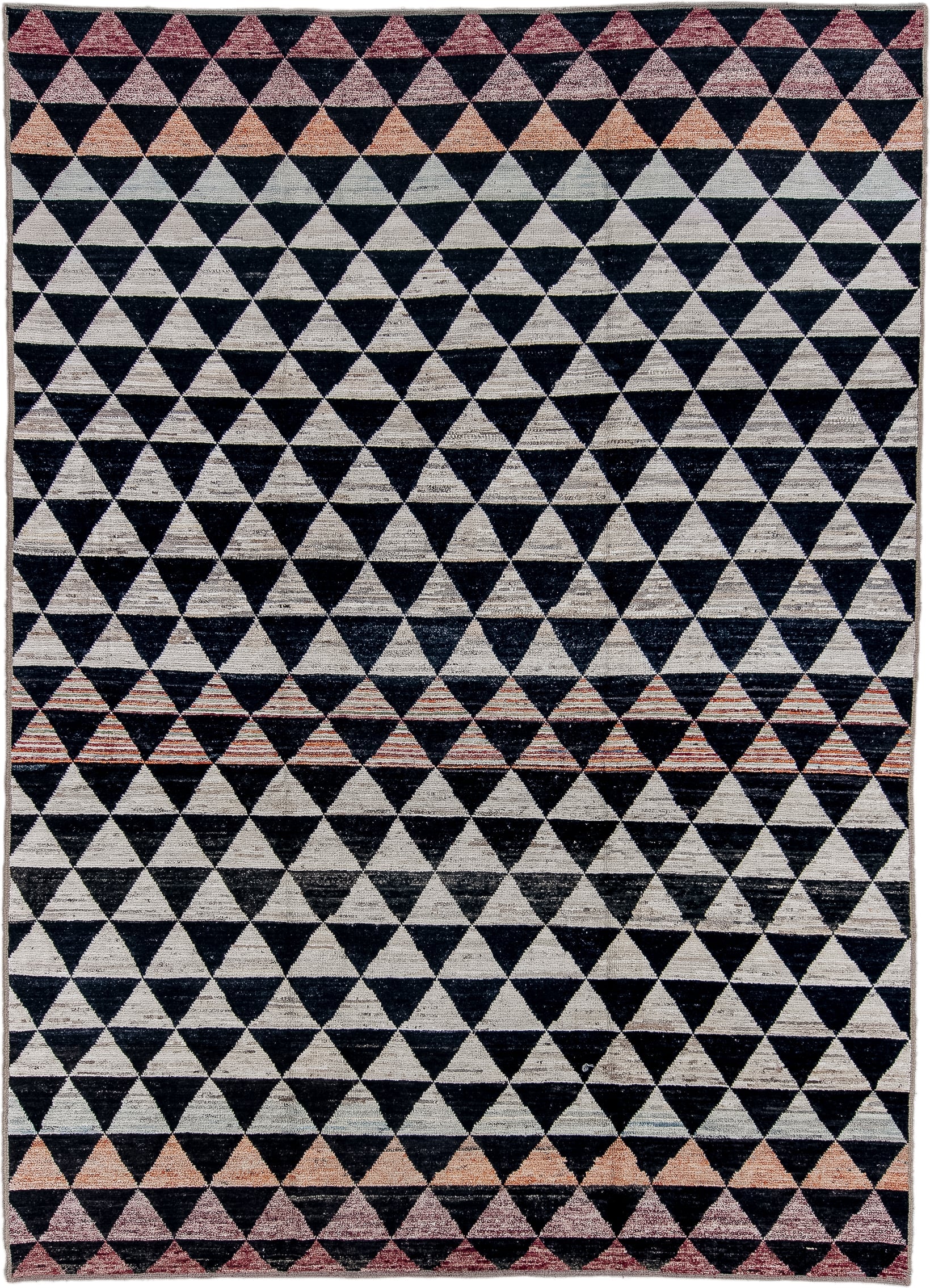 9' x 12' one-of-a-kind handmade vintage Tulu large size rug. Color palette: charcoal, ivory, rose, blush, rust, taupe, gray