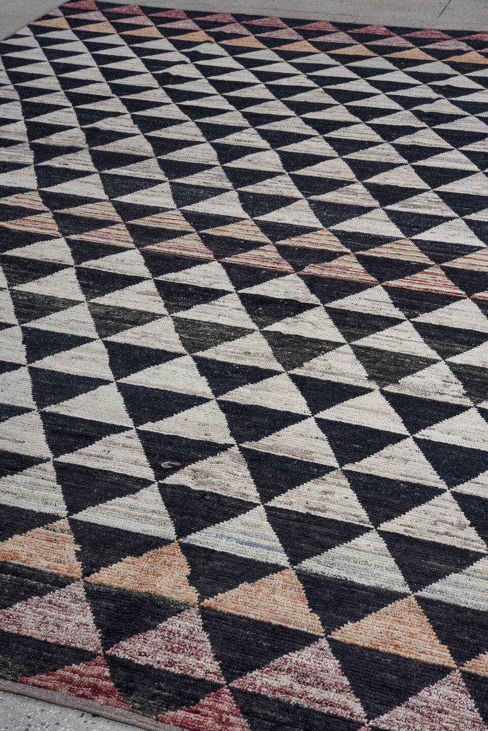 9' x 12' one-of-a-kind handmade vintage Tulu large size rug. Color palette: charcoal, ivory, rose, blush, rust, taupe, gray