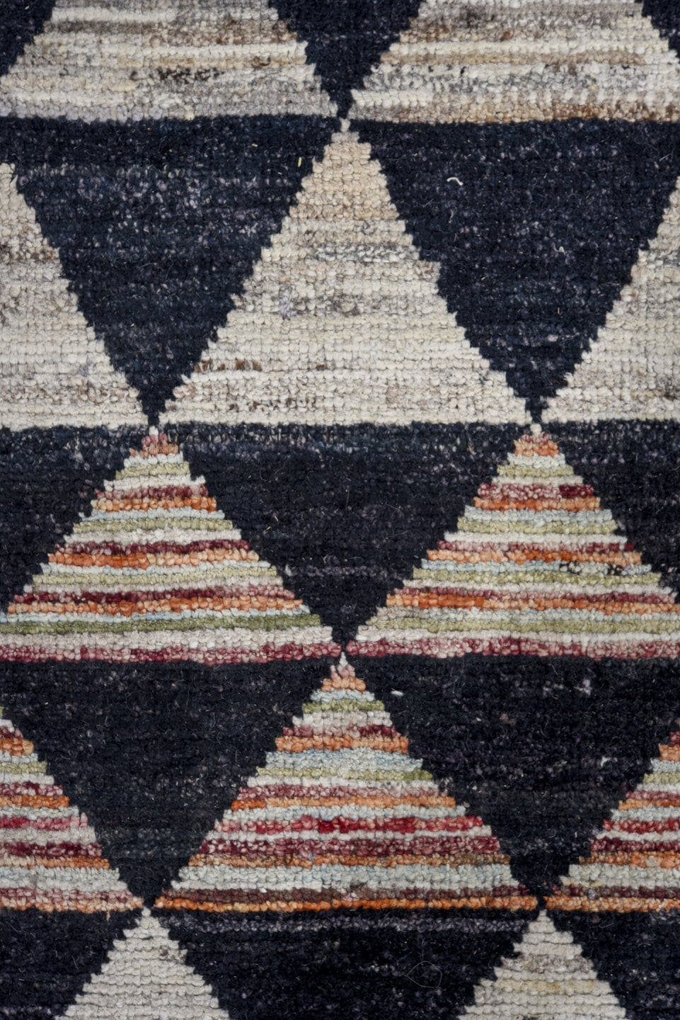 9' x 12' one-of-a-kind handmade vintage Tulu large size rug. Color palette: charcoal, ivory, rose, blush, rust, taupe, gray
