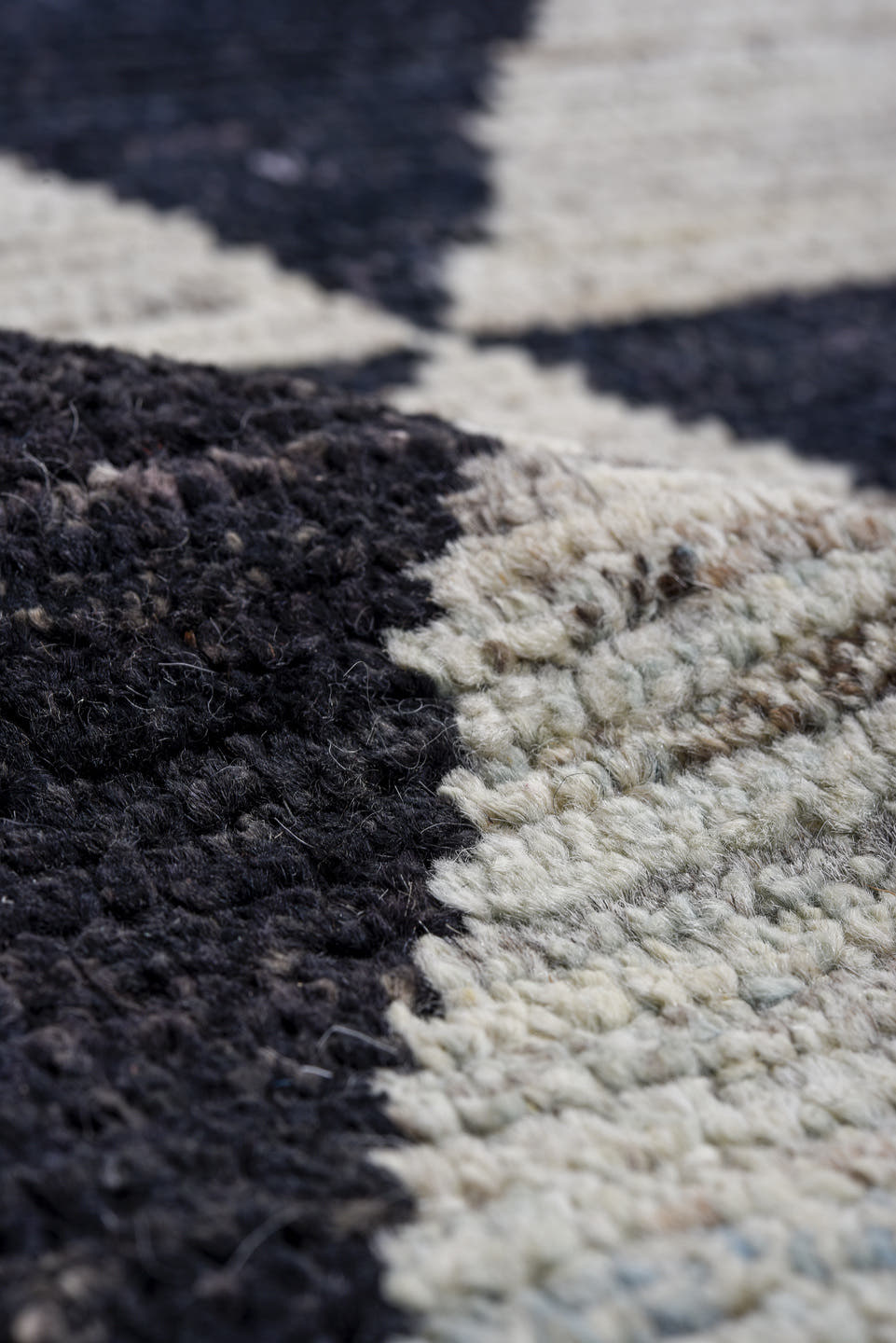 9' x 12' one-of-a-kind handmade vintage Tulu large size rug. Color palette: charcoal, ivory, rose, blush, rust, taupe, gray