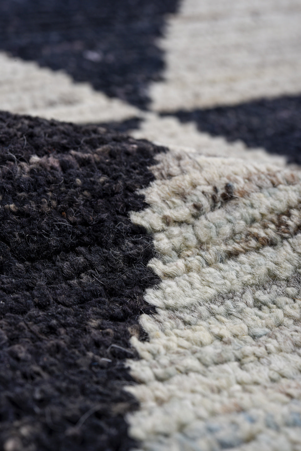 9' x 12' one-of-a-kind handmade vintage Tulu large size rug. Color palette: charcoal, ivory, rose, blush, rust, taupe, gray
